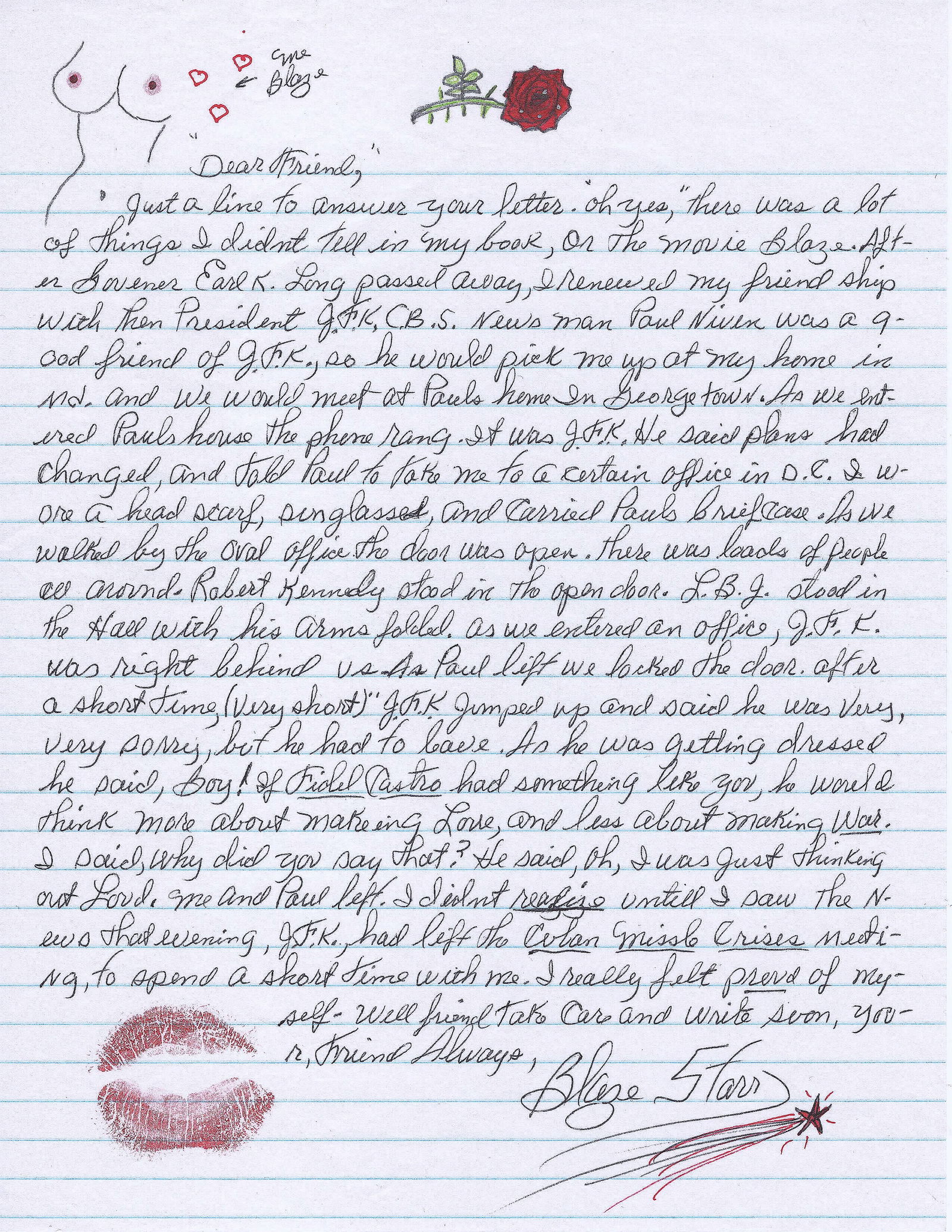 BLAZE STARR ON SEX WITH KENNEDY DURING THE CUBAN MISSILE CRISIS: BLAZE STARR (1932 - 2015) Famous nightclub dancer and mistress of Louisiana Governor Earl Long. Superb, revealing content A.L.S. 1p. 4to., [n.p., n.d.], on lined paper to an unnamed correspondent. In