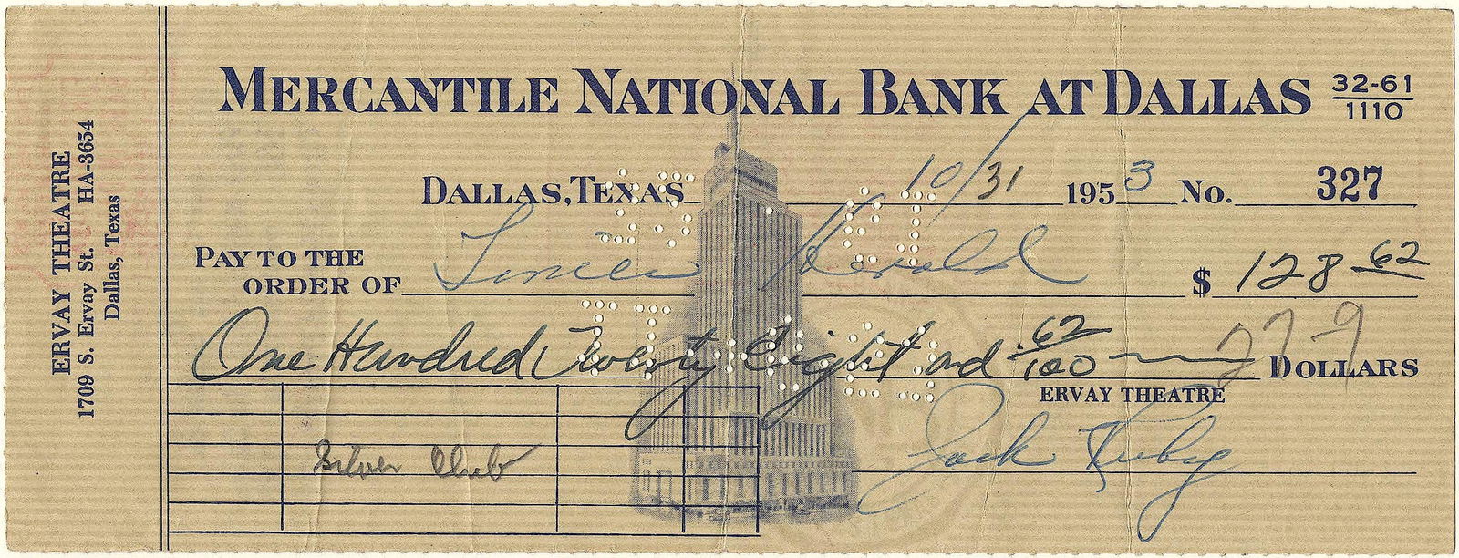 JACK RUBY: (1911 - 1967) Dallas nightclub owner who shot and killed Lee Harvey Oswald following Oswald's assassination of President John F. Kennedy on November 22, 1963. Partly-printed D.S. 1p. oblong 8vo.,