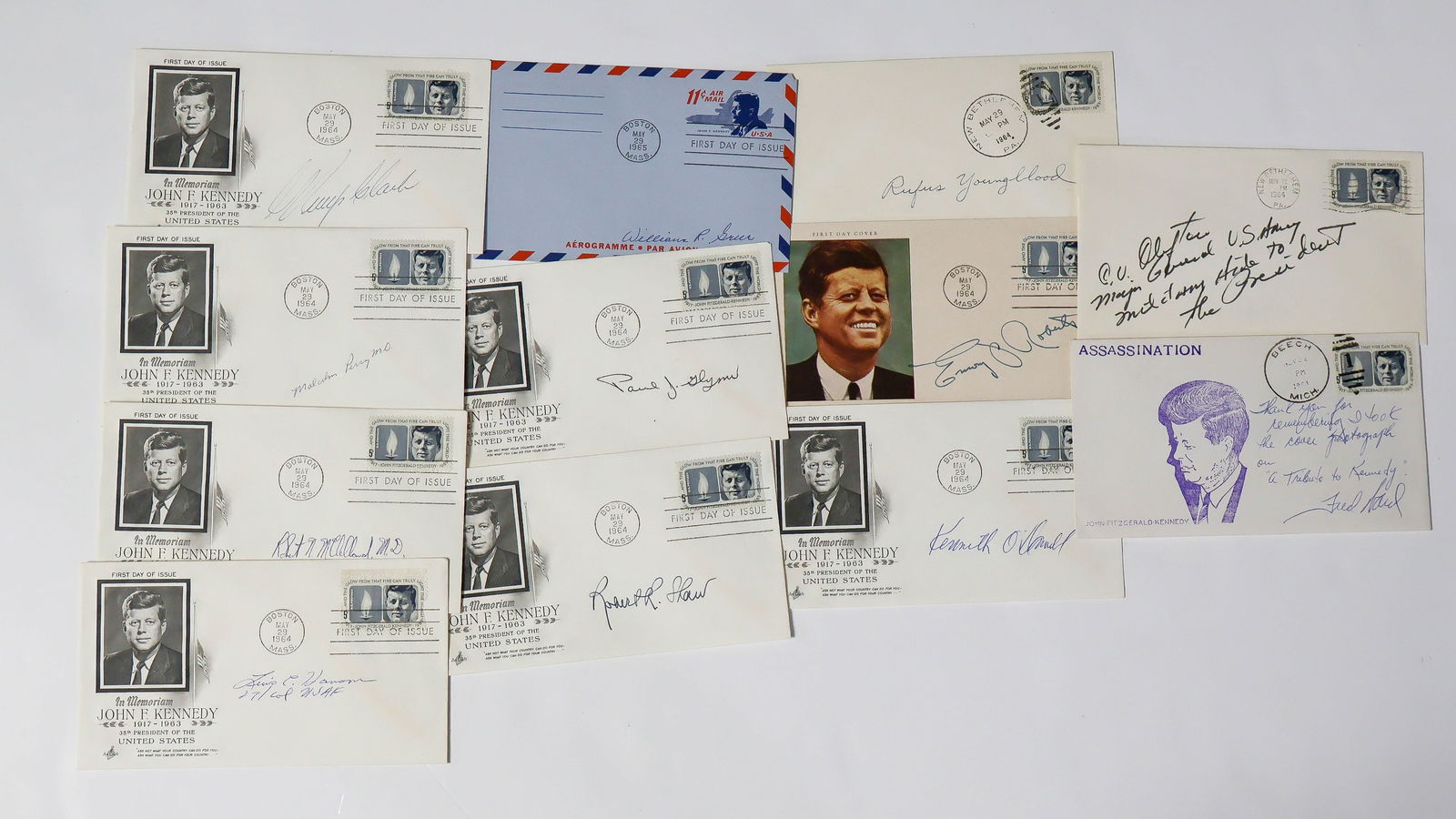 (KENNEDY ASSASSINATION): A group of 11 items signed by prominent figures involved in the Kennedy assassination and its aftermath, each in signed FDC format. Includes physicians to Kennedy and Connelly: MALCOLM PERRY, ROBERT N
