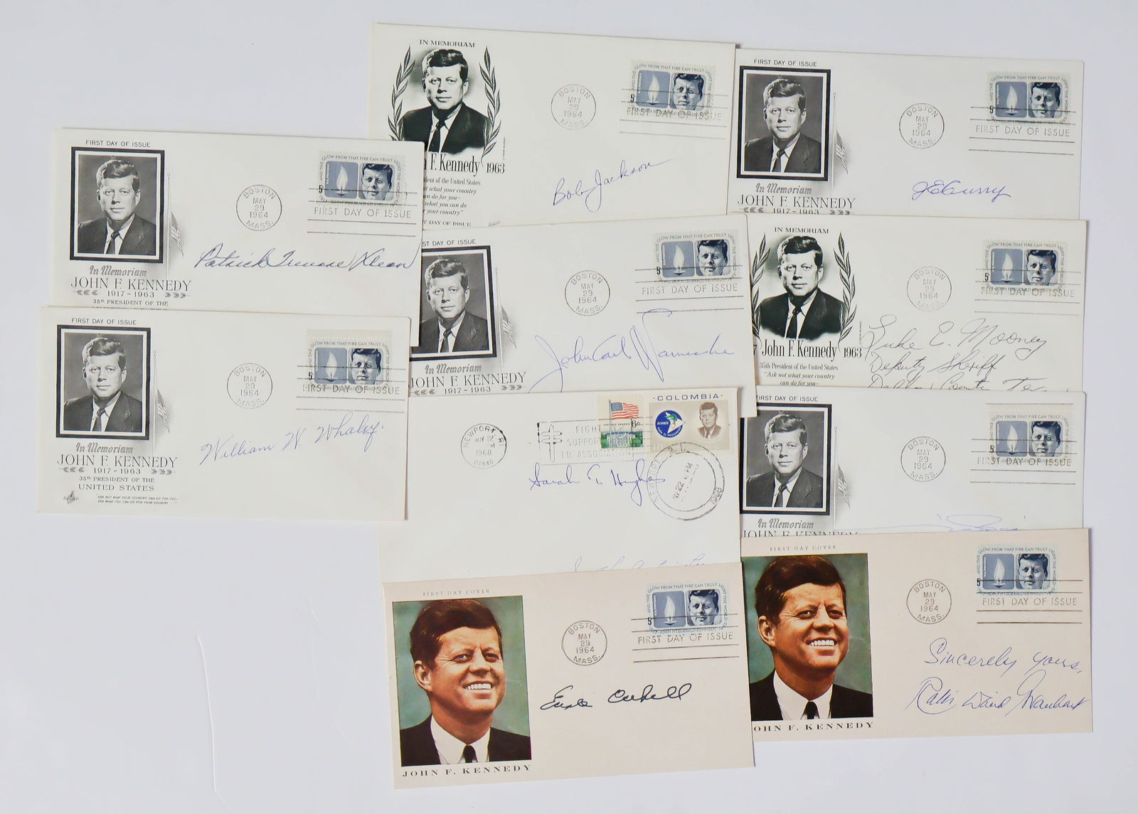 (KENNEDY ASSASSINATION): A group of 10 items signed by prominent figures involved in the Kennedy assassination and its aftermath, each in signed FDC format. Includes: SARAH T. HUGHES (federal judge who swore-in Lyndon B. John