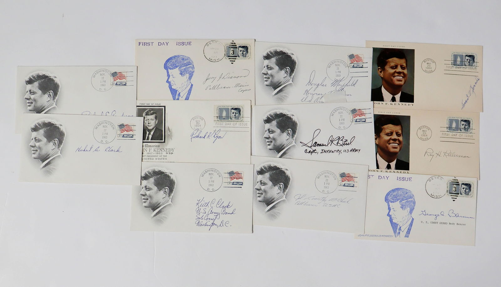 (KENNEDY ASSASSINATION): A group of 12 items signed by prominent figures involved in the Kennedy assassination and its aftermath, each in signed FDC format. Includes: CLINTON J. HILL (secret service agent), FORREST SORRELS (S