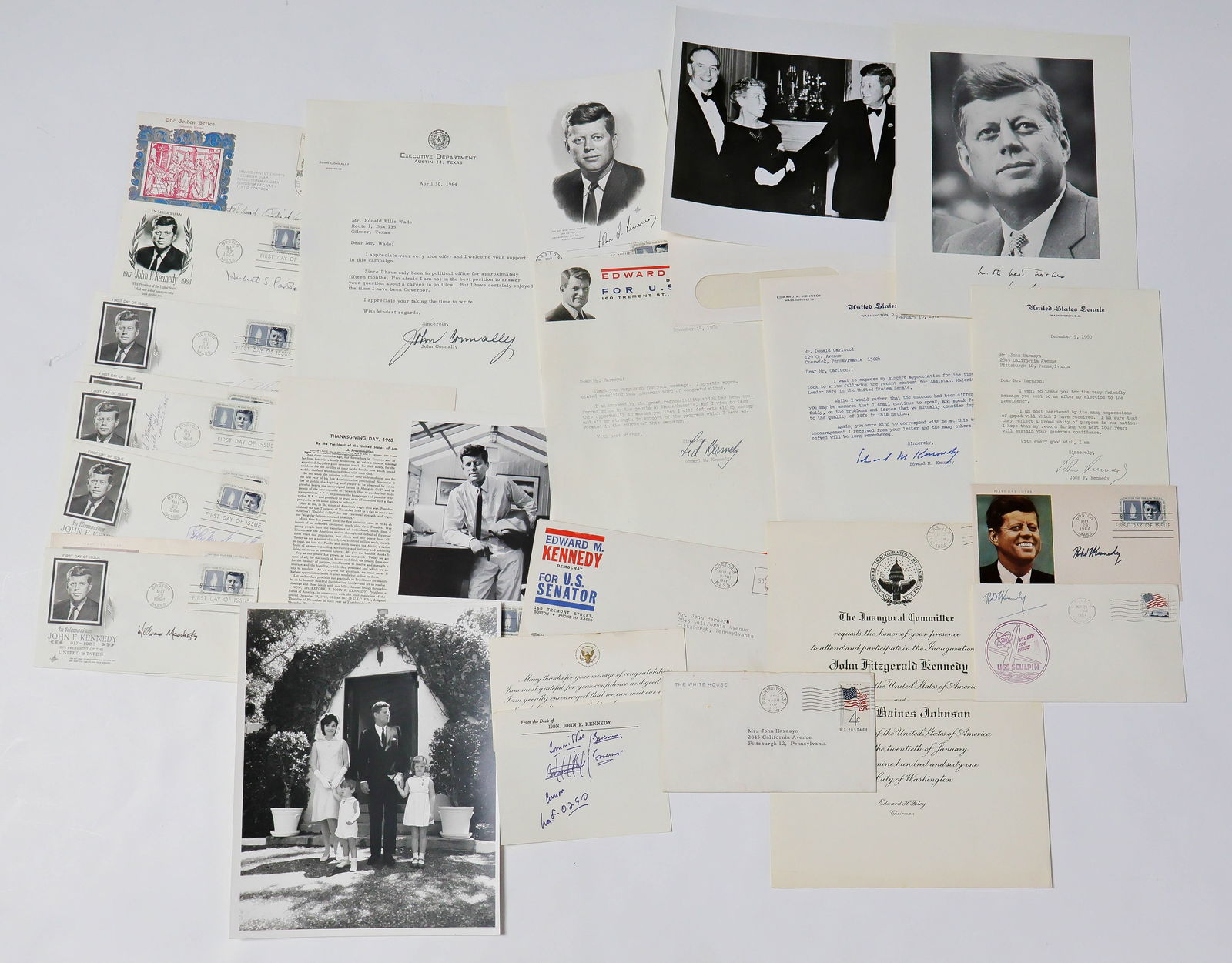 (JOHN F. KENNEDY): A group of 14 FDCs signed by individuals involved in Kennedy’s life and death. Including: RICHARD CARDINAL CUSHING; REV. FRANK RUPPERT, REV. THEODORE J. DANUSIAR, REV. REV. FRANCIS B. SAYRE, REV