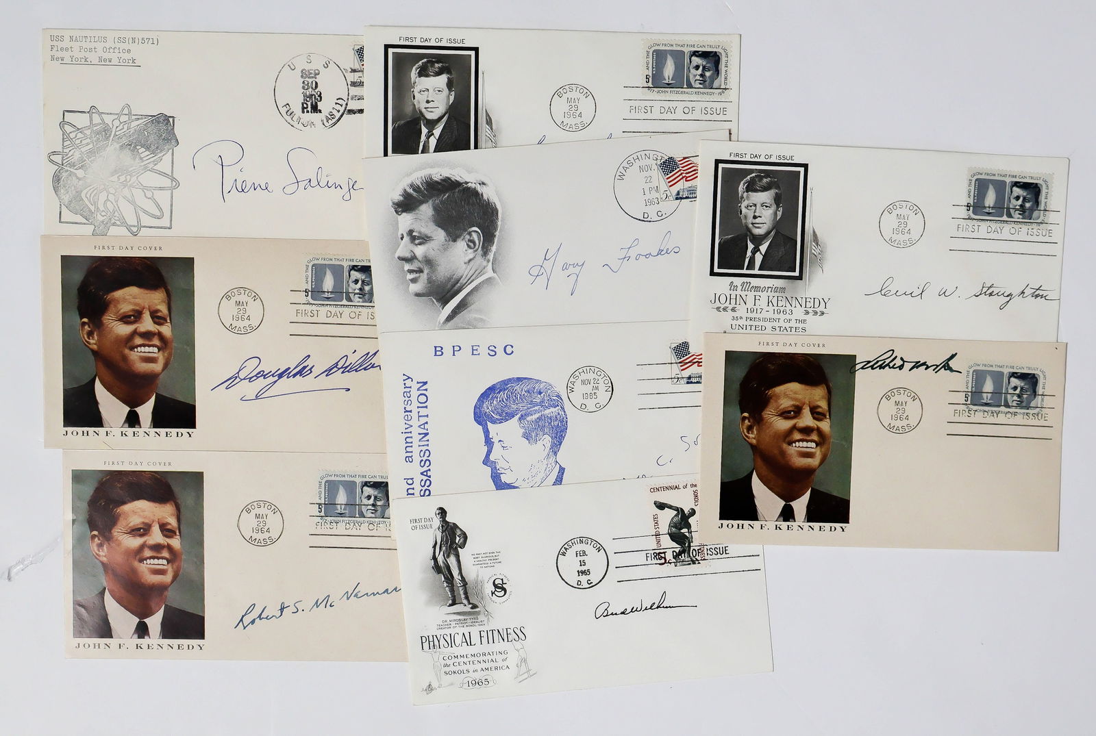 (JOHN F. KENNEDY): A group of nine FDCs signed by prominent figures involved in the Kennedy administration. Includes: ROBERT S. MCNAMARA (Secretary of Defense under Kennedy), DOUGLAS DILLON (Secretary of the Treasury);