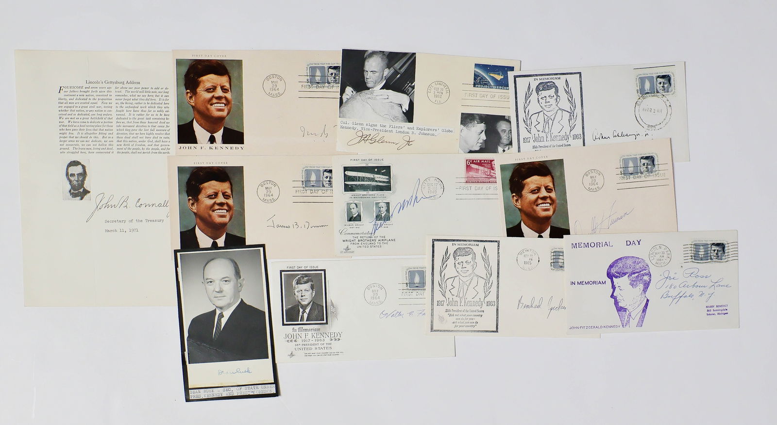 (JOHN F. KENNEDY): A group of 10 items signed by prominent figures involved in the Kennedy administration. Includes: JOHN B. CONNALLY (souvenir printing of Lincoln’s Gettysburg Address, boldly signed at bottom as