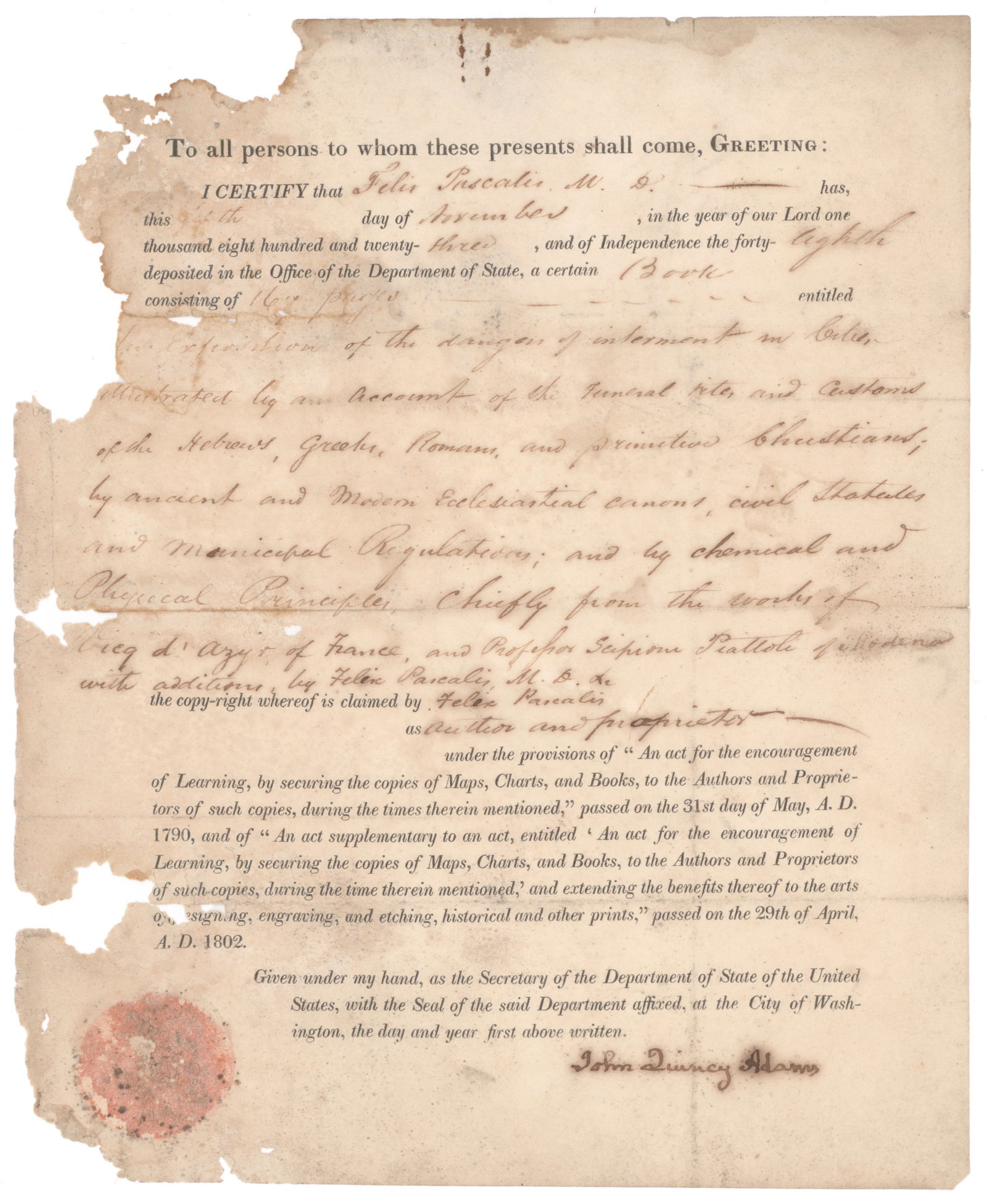 JOHN QUINCY ADAMS: Intriguing partly-printed D.S. 'John Quincy Adams' as Secretary of State, 1p. 4to., Washington, Nov. 5, 1823, a copyright issued to DR. FELIX PASCALIS (1762-1833) for his work (title illegible)