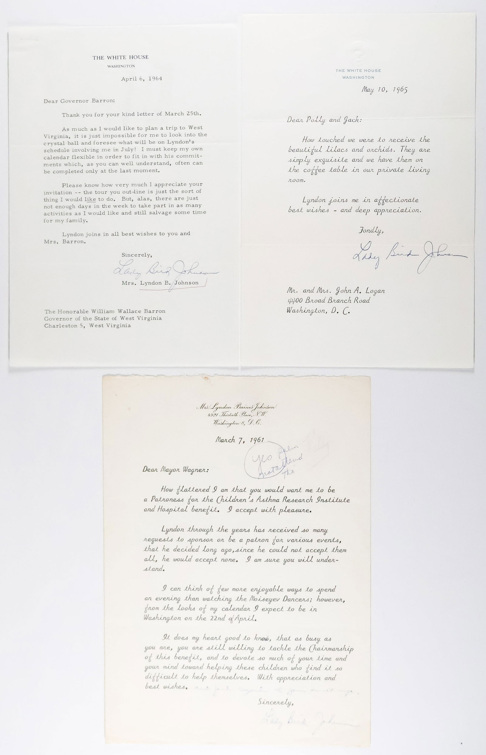 LADY BIRD JOHNSON (3): A collection of three T.L.S.s from LADY BIRD JOHNSON (1912-2007), First Lady of the United States (1963-69), as the wife of the 36th President of the United States, Lyndon B. Johnson. Includes a