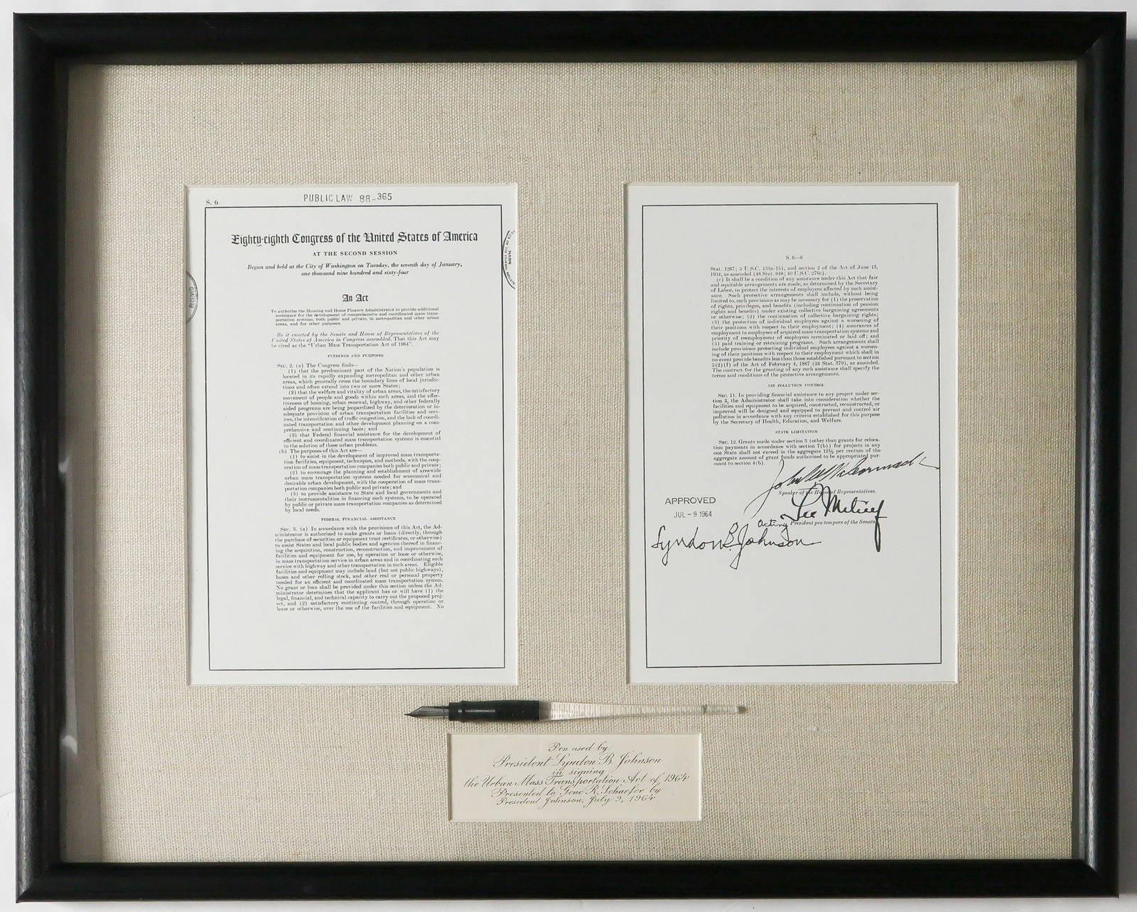 LYNDON B. JOHNSON BILL-SIGNING PEN: A great presidential relic, a pen used by President Lyndon B. Johnson to sign the Urban Mass Transportation Act of 1964. The pen bears a steel nib attached to a black barrel with clear plastic handle