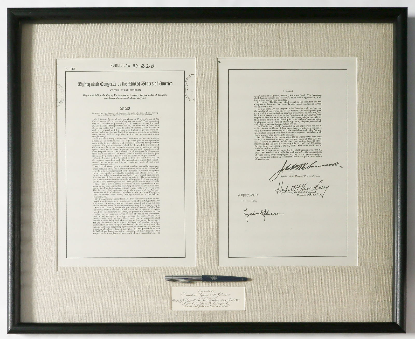 LYNDON B. JOHNSON BILL-SIGNING PEN: A great presidential relic, a pen used by President Lyndon B. Johnson to sign the High Speed Ground Transportation Act of 1965. The pen bears a blue body and silver cap, the body bearing the