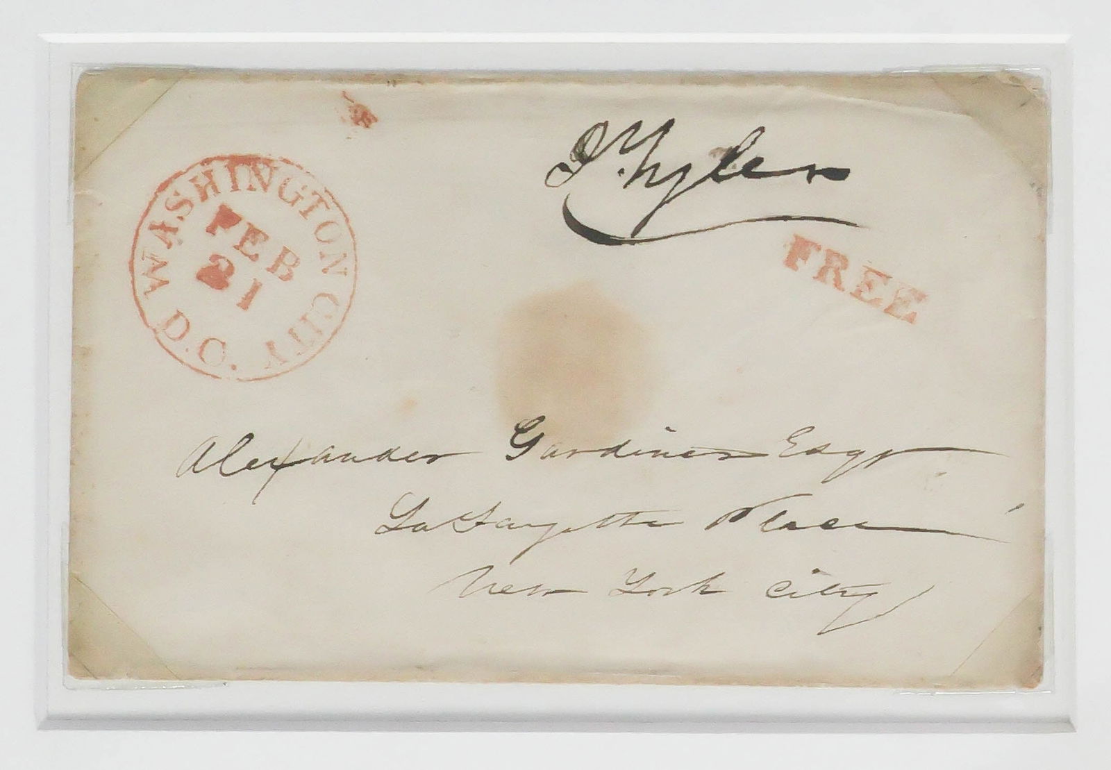 JOHN TYLER: (1790 - 1862) Tenth President of the United States following the death of Harrison, annexed Texas, and remained loyal to Virginia following its secession. Scarce franked envelope 'J. Tyler', the