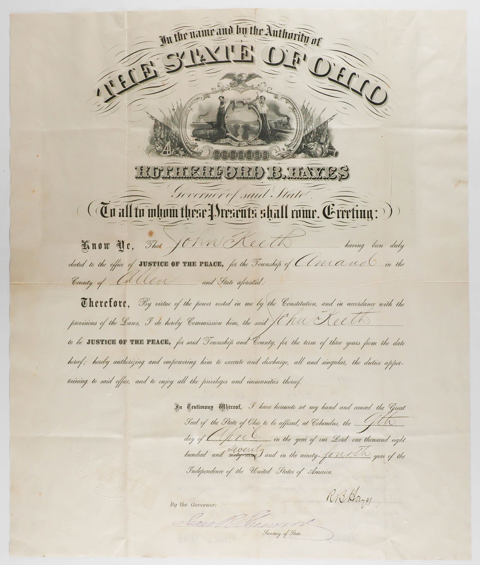 RUTHERFORD B. HAYES: (1822 - 1893) Nineteenth President of the United States and Union brigadier general, winner of the controversial presidential election of 1876. Partly-printed D.S. as Governor of Ohio, 1p. folio,