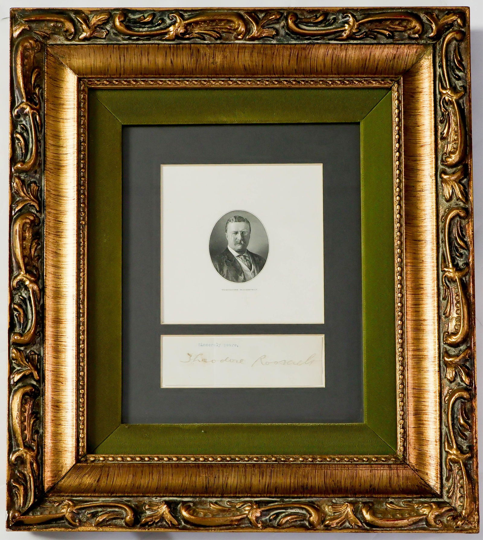 THEODORE ROOSEVELT: (1858 - 1919) Twenty-sixth President of the United States who started the Panama Canal, settled the Russo-Japanese War, broke up Standard Oil and encouraged conservation. Large full signature cut from