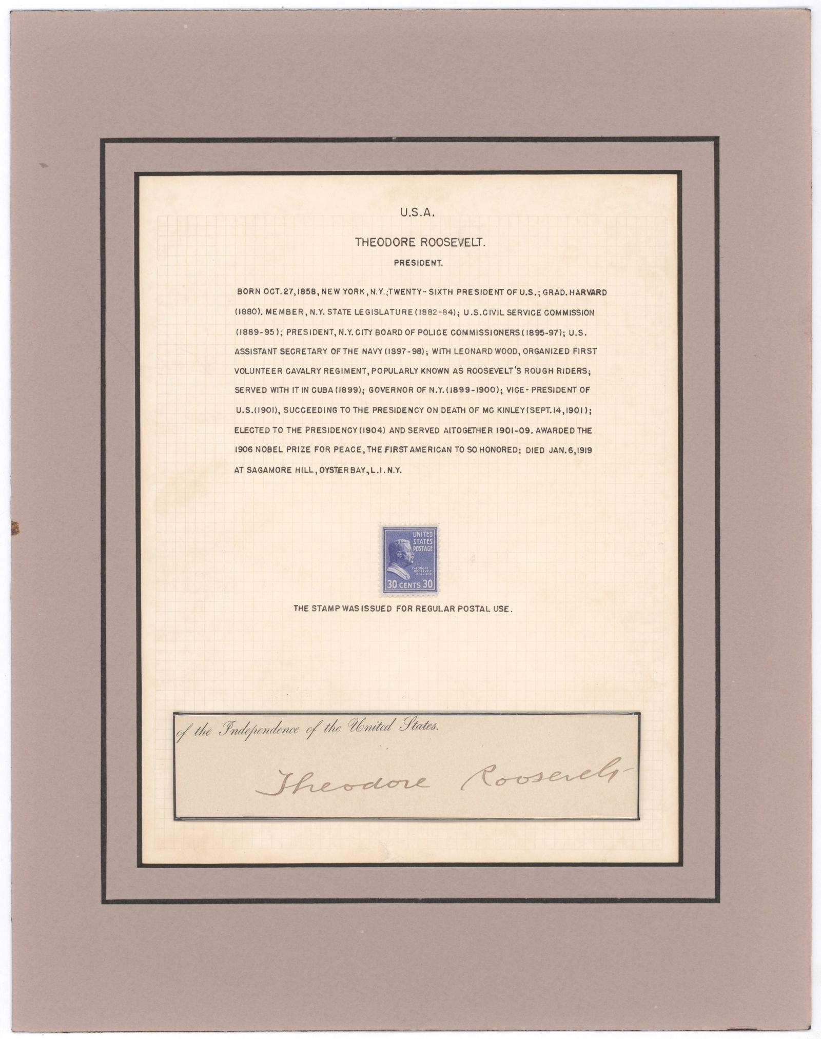 THEODORE ROOSEVELT: (1858 - 1919) Twenty-sixth President of the United States who started the Panama Canal, settled the Russo-Japanese War, broke up Standard Oil and encouraged conservation. Superb, almost 5 in. long