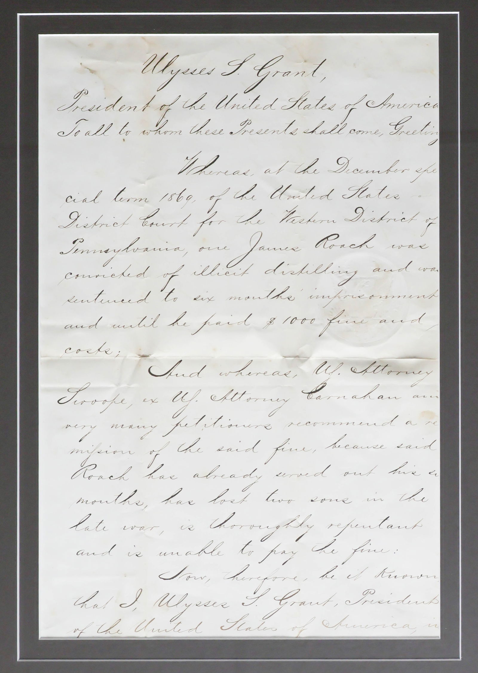 ULYSSES S. GRANT: (1822 - 1885) Eighteenth President of the United States and Union lieutenant general. Rare, fine content manuscript D.S. as president, 2pp. approx. 10 x 15 in., Washington, Aug. 17, 1870. Grant