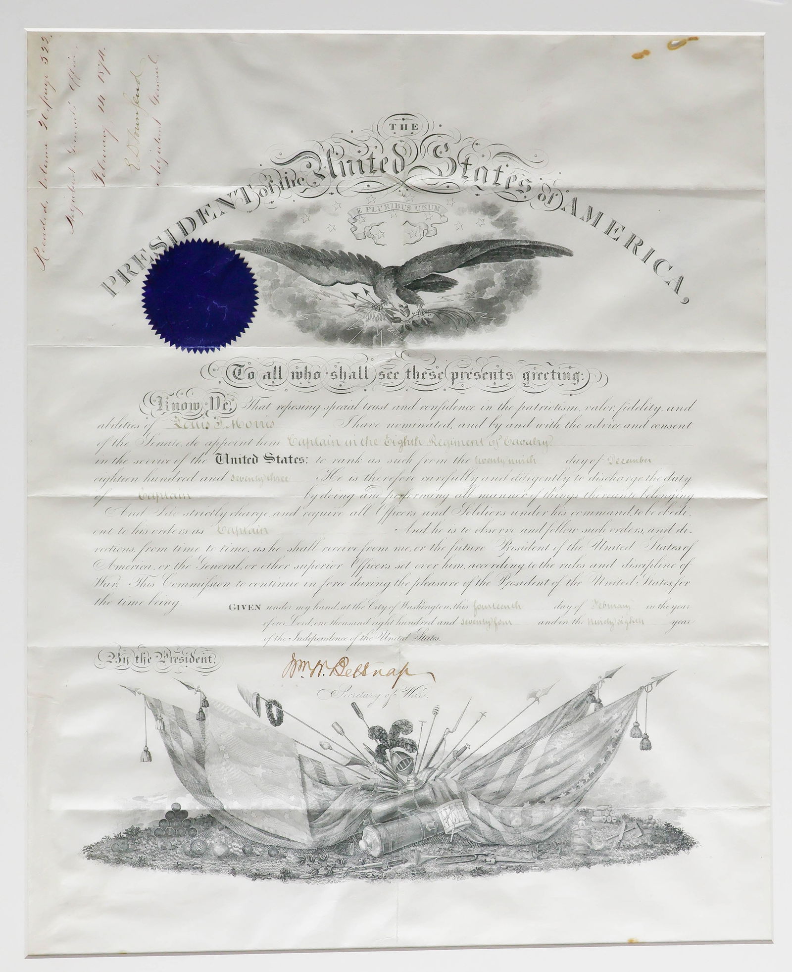 ULYSSES S. GRANT: (1822 - 1885) Eighteenth President of the United States and Union lieutenant general. Partly-printed D.S. 'U.S. Grant' as president, 1p. folio parchment, Washington, Feb. 14, 1874, the promotion of