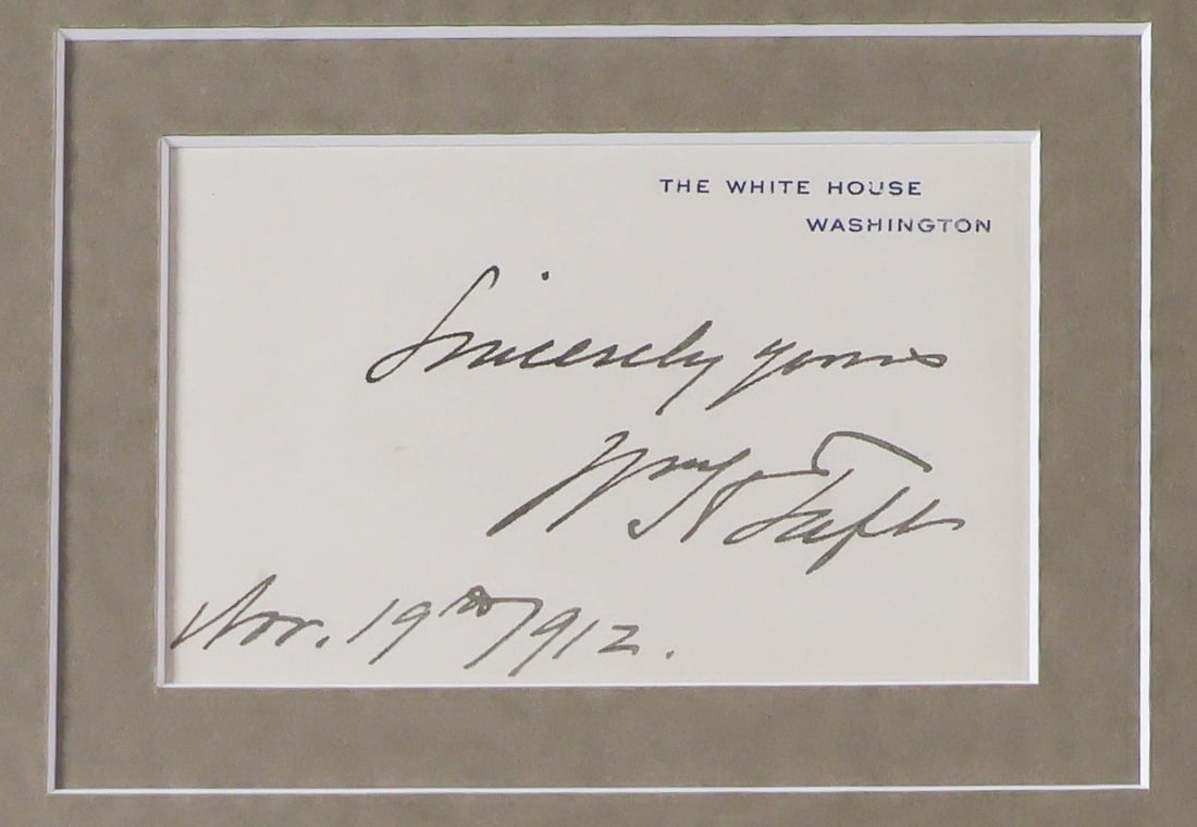 WILLIAM H. TAFT: (1857 - 1930) Twenty-seventh President of the United States and Supreme Court Chief Justice. Signature as President dated 'Nov. 19th, 1912', nicely penned on a White House card. Very fine.