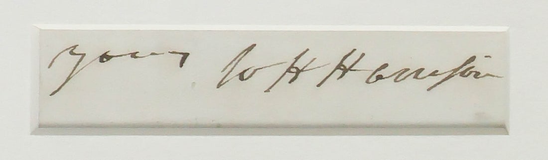 WILLIAM HENRY HARRISON: (1773 - 1841) Ninth President of the United States, military hero at Tippecanoe Creek and against Tecumseh, died after one month in office. Subscription and signature: 'yours W H Harrison' on a