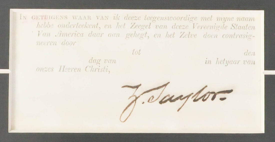 ZACHARY TAYLOR: (1784 - 1850) Twelfth President of the United States, 'Old Rough and Ready' was also a hero of the Mexican War, taking Monterrey and defeating Santa Anna. Bold signature 'Z. Taylor' as president on a