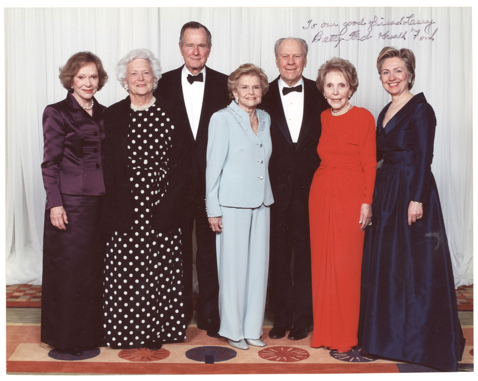 (PRESIDENTS): A good pair of S.P.s, 8 x 10 in. color each, both inscribed and signed to media legend Larry King. The first, signed by GERALD FORD and BETTY FORD, shows the couple with George H. and Barbara Bush as