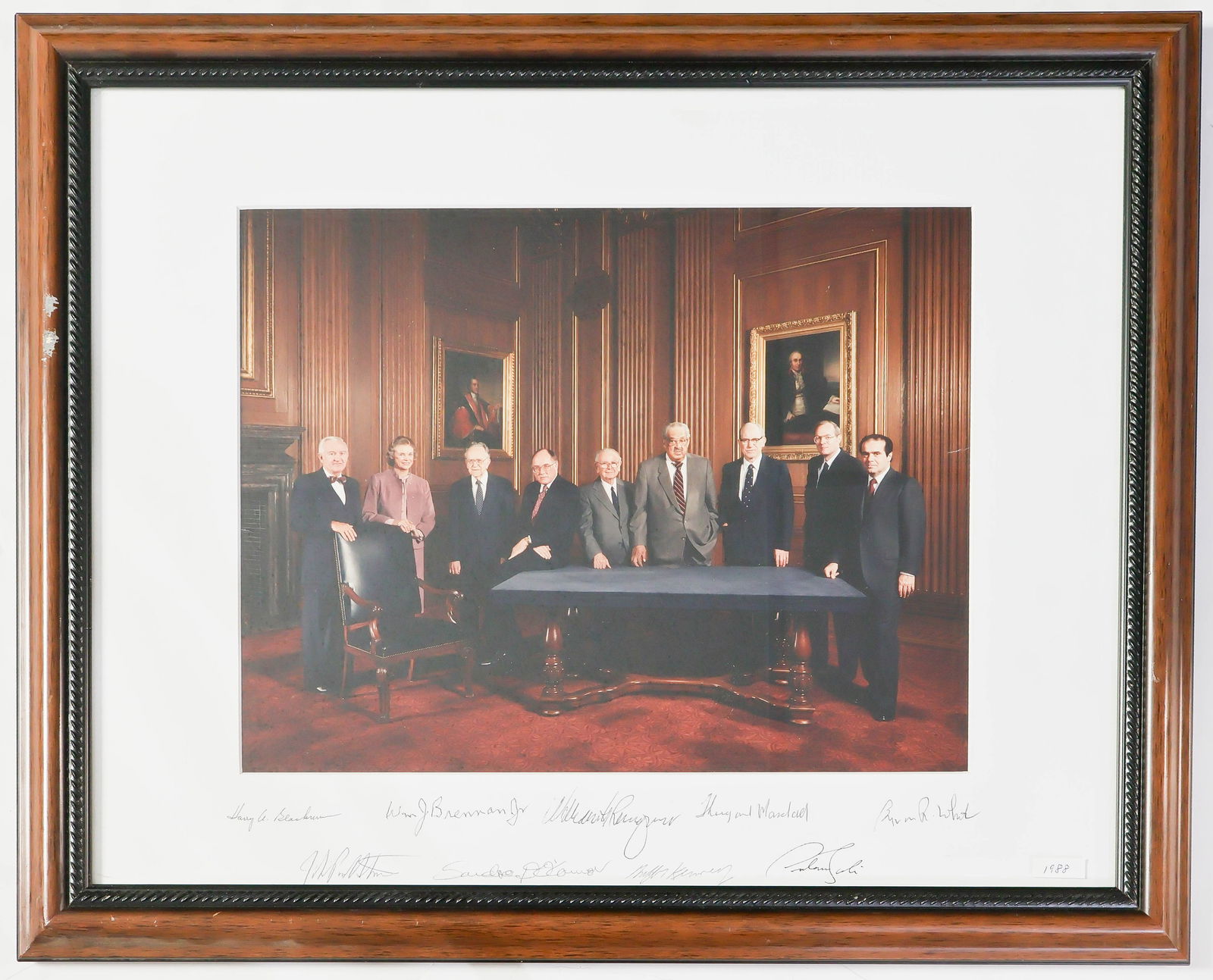 1988 WILLIAM H. REHNQUIST U.S. SUPREME COURT: Beautiful and most desirable signed photograph of the entire William H. Rehnquist U.S. Supreme Court in 1988. The presentation includes a 13.5 x 10.5 in. color image of the members of the court matted