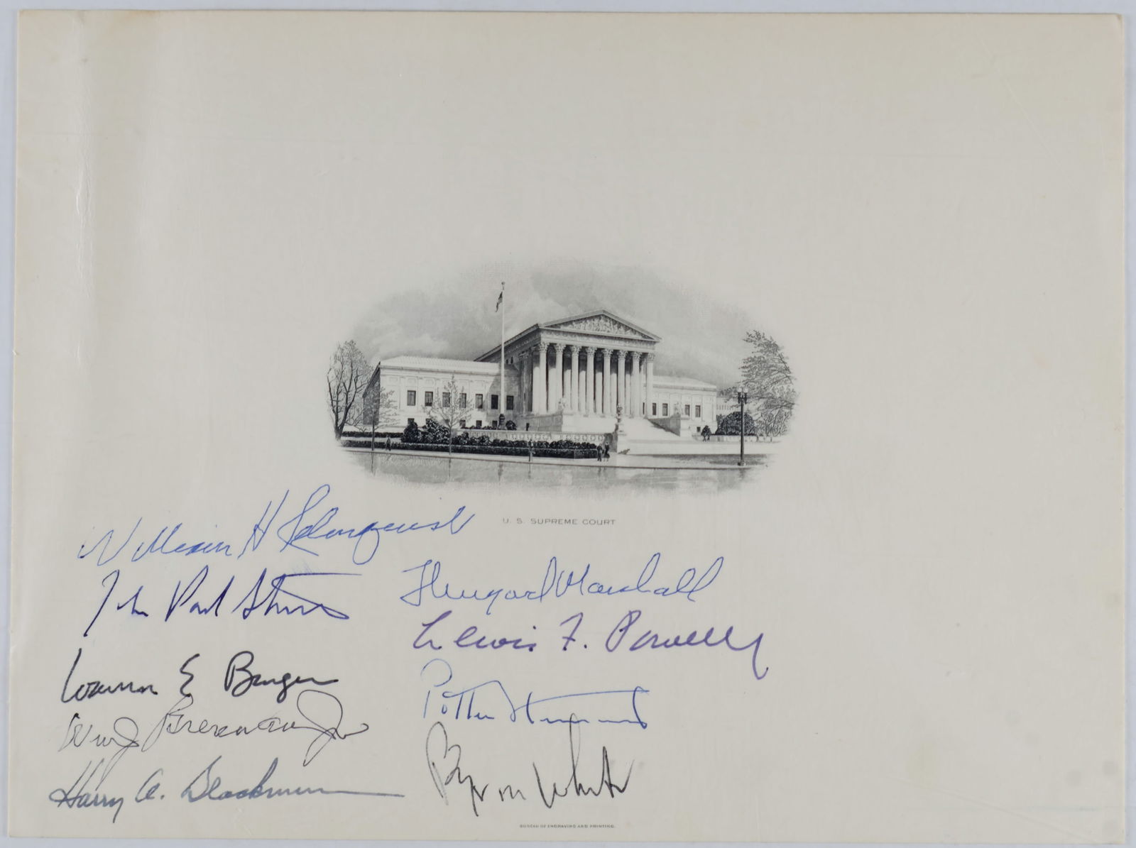 WARREN BURGER SUPREME COURT: A fine printed engraving of the White House, measures 8 x 6 in., signed by nine justices comprising the Burger Court: WILLIAM RENQUIST, JOHN PAUL STEVENS, WARREN E. BURGER, WILLIAM S. BRENNAN, HARRY A