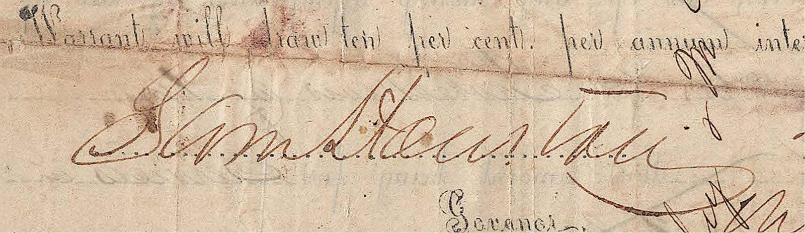 SAM HOUSTON: (1793 - 1863) American soldier and politician, defeated Santa Anna at San Jacinto and became first president of the Republic of Texas. Partly-printed D.S., as governor of Texas, 2pp. 8 x 4 in.,