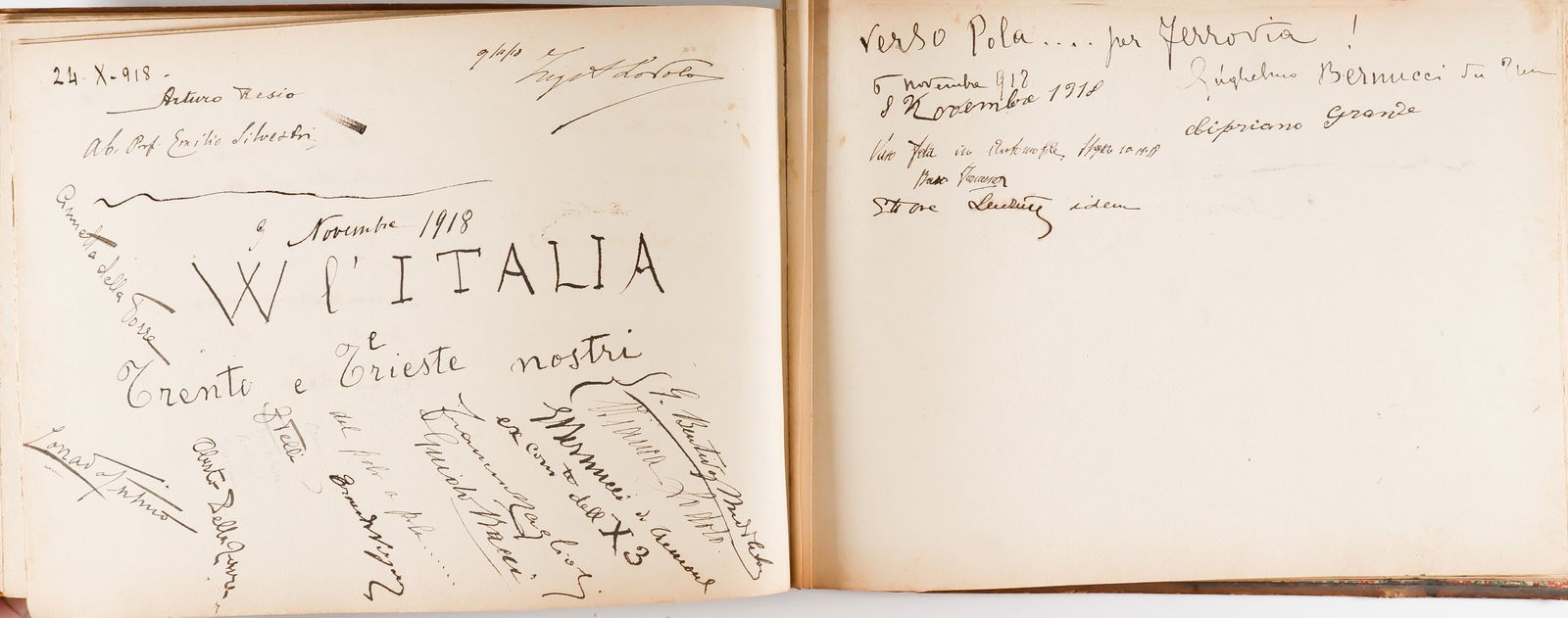 THE GUESTBOOK OF ITALIAN ADMIRAL AND POLAR EXPLORER UMBERTO CAGNI: A very interesting guestbook, 88pp. oblong folio, maintained by notable Italian admiral and polar explorer UMBERTO CAGNI (1863-1932), from May of 1917 through September of 1921. The book bears