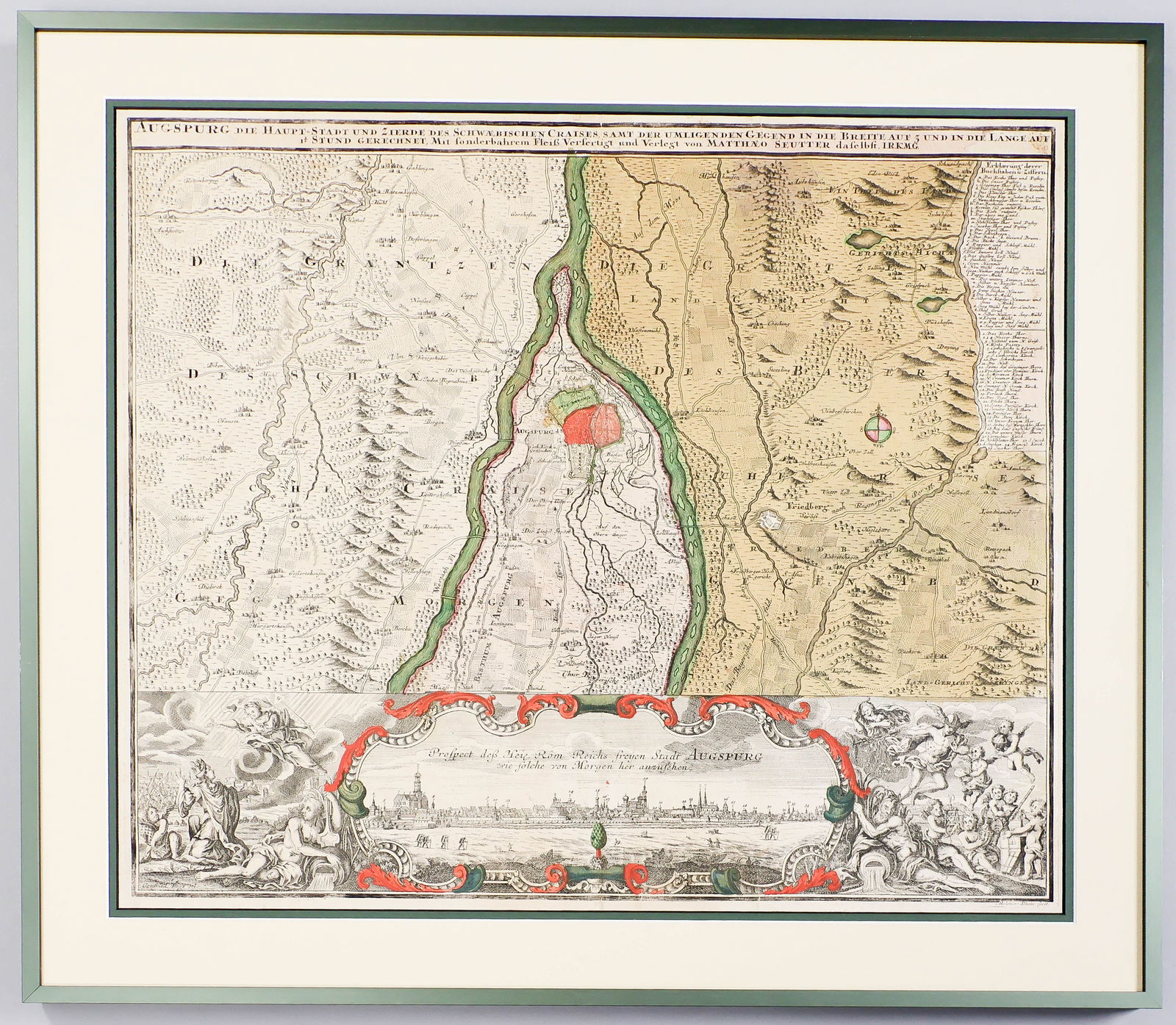 1730 MAP OF AUGSBURG BY SEUTTER: A hand-tinted map by Matthaeus Seutter ca. 1730, a panoramic view of the city of Augsburg, 23 in. x 20 in. (sight) engraved by Melchior Rein after the drawing by Gottfried Rogg. A few trivial creases