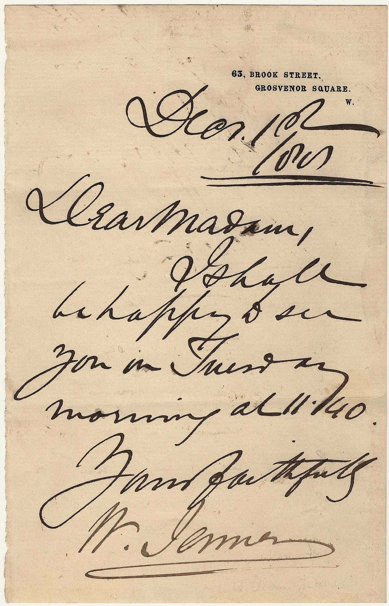 WILLIAM JENNER: (1815 - 1898) English physician and pathologist who established the separate identities of typhus and typhoid fever. A.L.S., 1p. 8vo., London, [date illeg.]. Jenner send a lady notice that he would