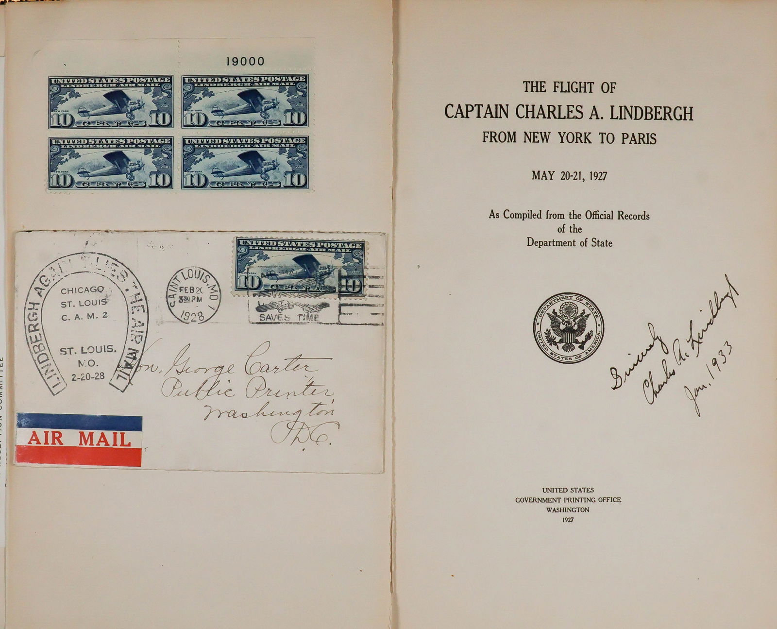 CHARLES A. LINDBERGH: (1902-1974) American aviator who, in his 'Spirit of St. Louis', was the first to fly solo non-stop across the Atlantic Ocean. LINDBERGH SIGNS ONE OF TWO U.S. GOVERNMENT PRINTINGS OF DISPATCHES SENT