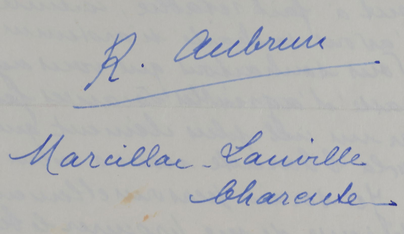 EMIILE AUBRUN: (1881-1967) Pioneering French aviator. Signature on the verso of a postcard showing ‘Aviation Pioneers’ in 1910 with a bi-plane, canceled Reims, June 9, 1960. WITH: two telegrams, one