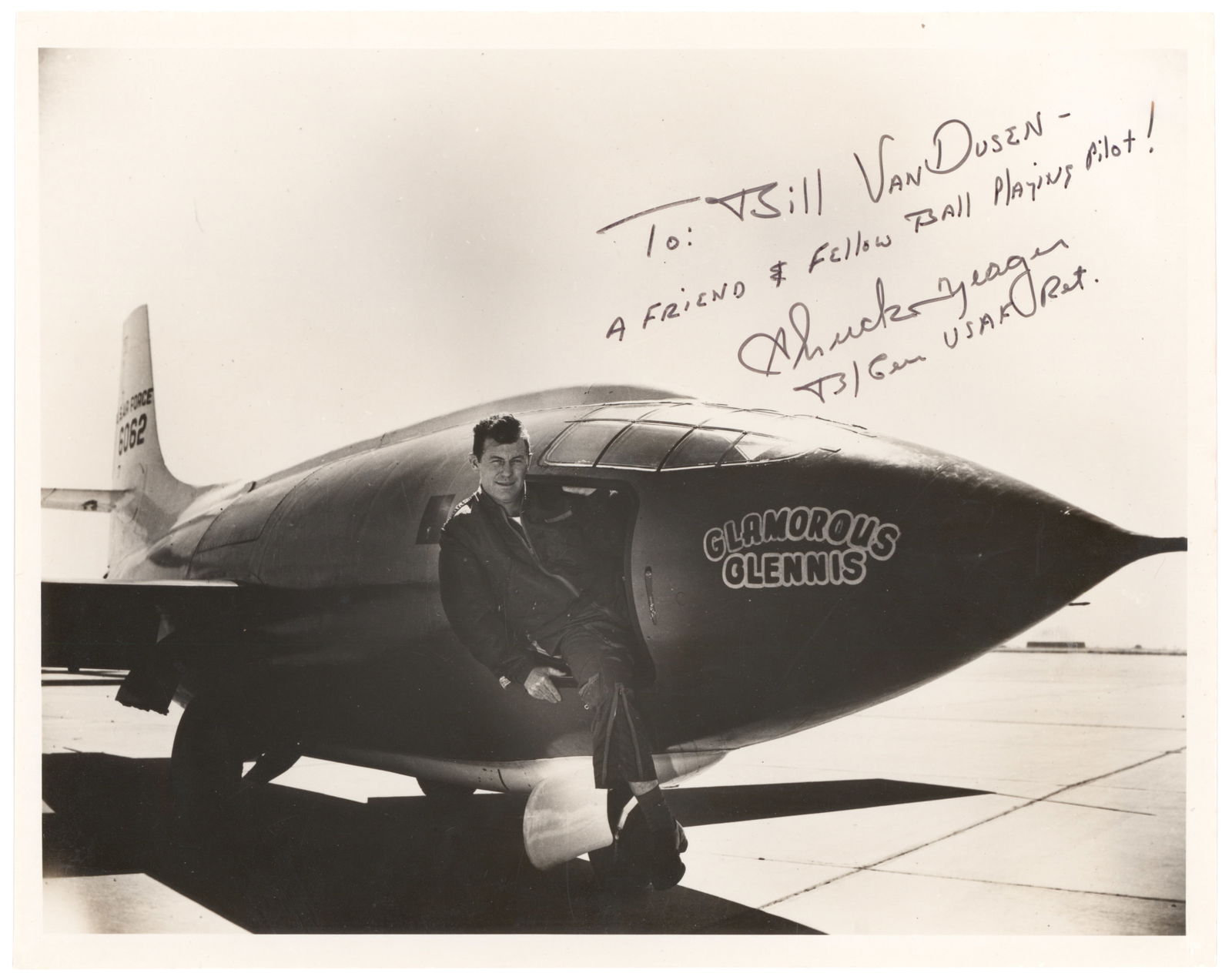 CHUCK YEAGER EARLY SIGNED PHOTO: (1923 - 2020) United States Air Force officer, flying ace, and record-setting test pilot, the first pilot confirmed to have exceeded the speed of sound in level flight. Terrific vintage I.S.P. with