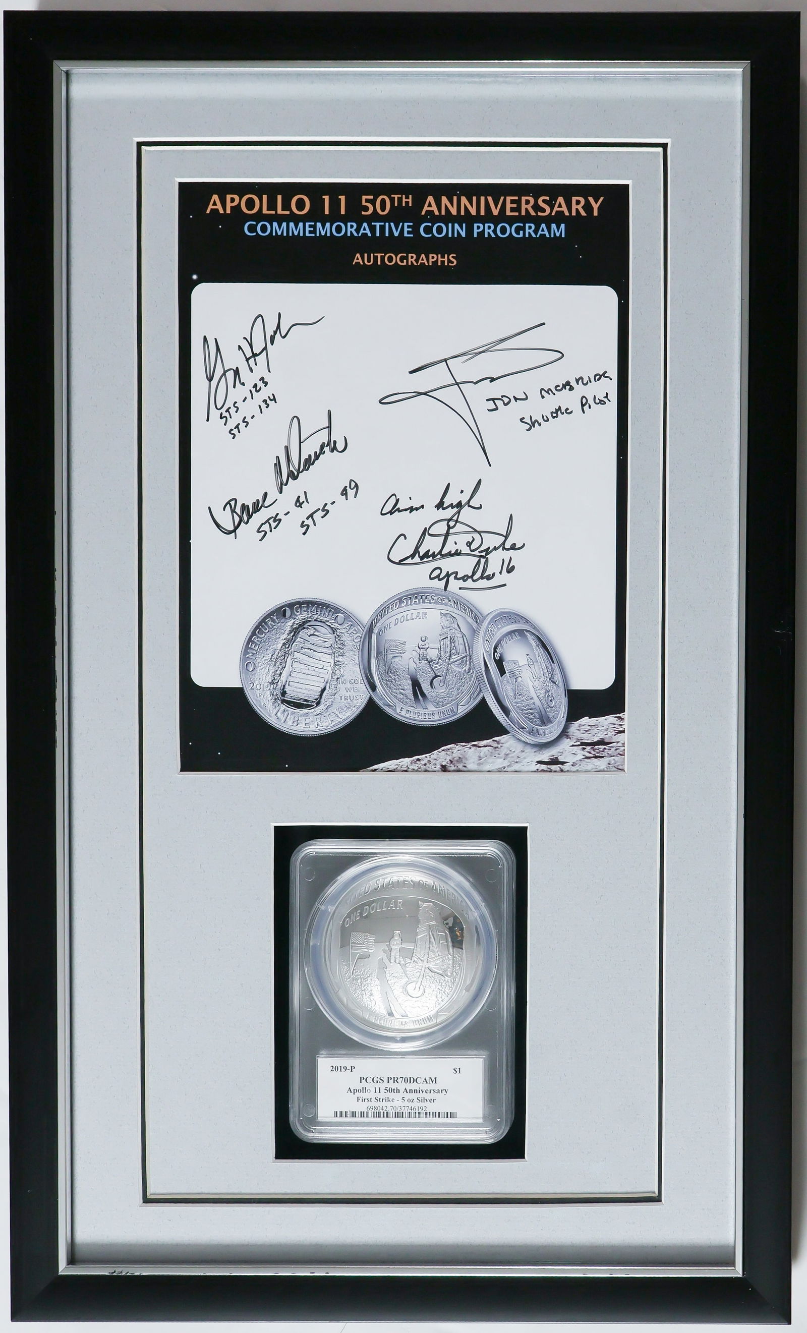 APOLLO XI 50TH ANNIVERSARY FIVE OZ. SILVER COIN WITH AUTOGRAPHS: Desirable Apollo 11 50th Anniversary 5 oz. Proof Silver Dollar, approx. 3 in. dia., the first U.S. coin with a proof finish, reeded edge, and curved shape. The obverse features the inscriptions