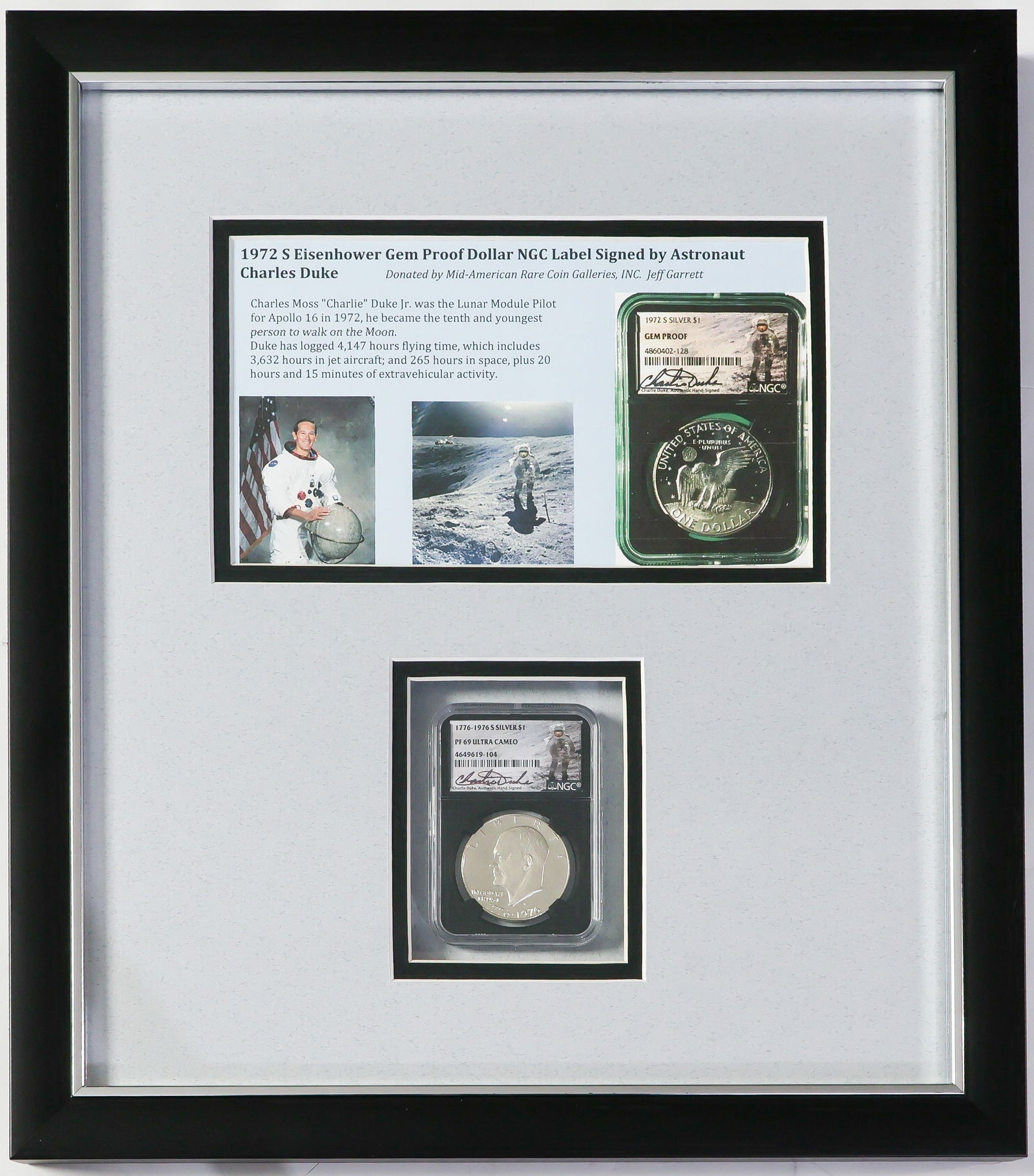 (NUMISMATICS) CHARLES DUKE: (b. 1935) American astronaut who piloted the LEM on the Apollo 16 mission, becoming the tenth and youngest person to walk on the Moon. 1972 San Francisco Mint Eisenhower silver dollar, 'PF 69 ULTRA