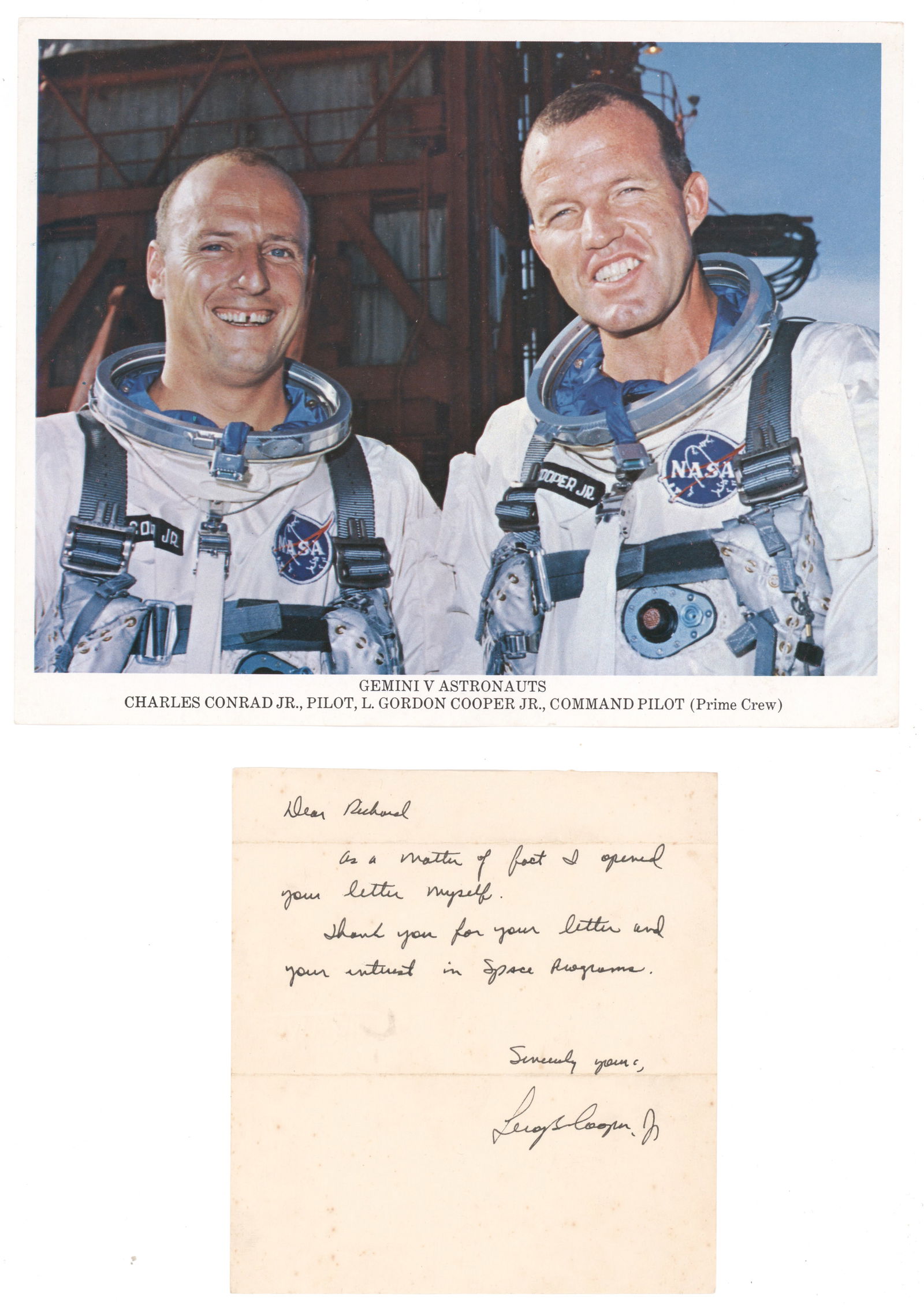 GORDON COOPER: (1927 - 2004) American astronaut, a member of the original seven Mercury astronauts, commander of Gemini 5. A.L.S. with his early signature as 'Leroy G. Cooper, Jr.', 1p. 8vo., [n.p., n.d.], mentions