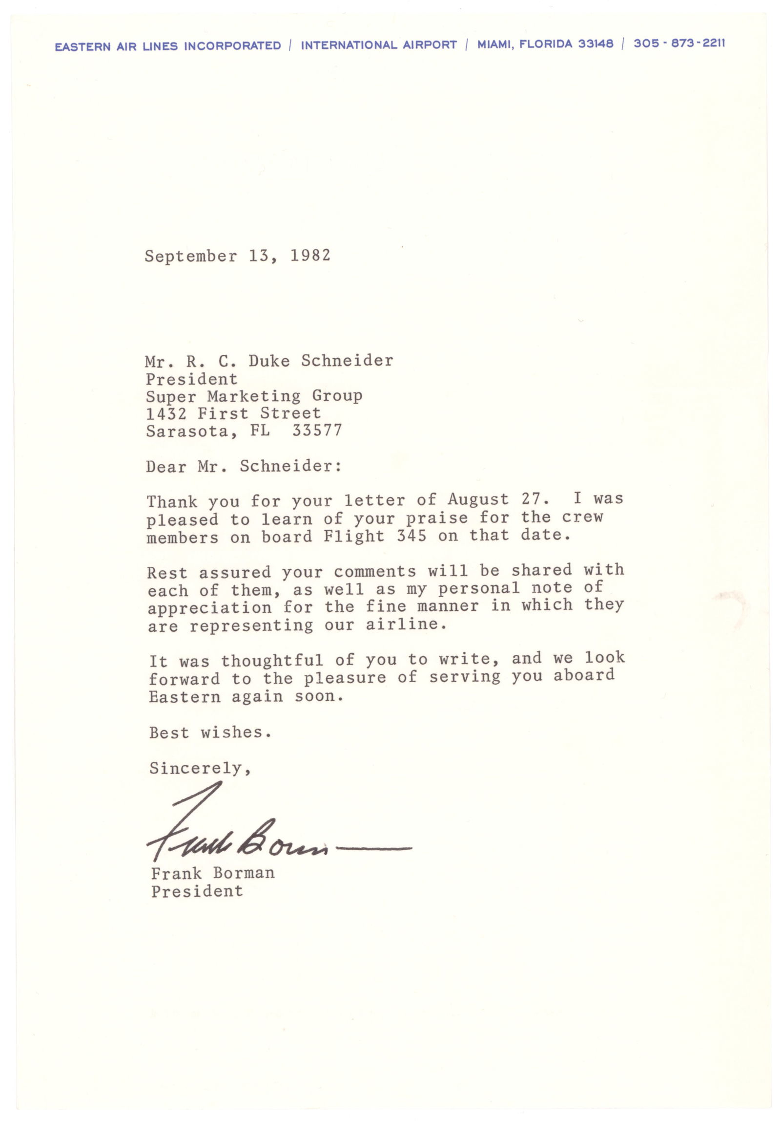 FRANK BORMAN: (1928-2023) American astronaut who served in the Gemini and Apollo programs. T.L.S. 1p. 4to., Miami, Sept. 13, 1982, to Duke Schneider on Eastern Airlines letterhead, sending thanks for his