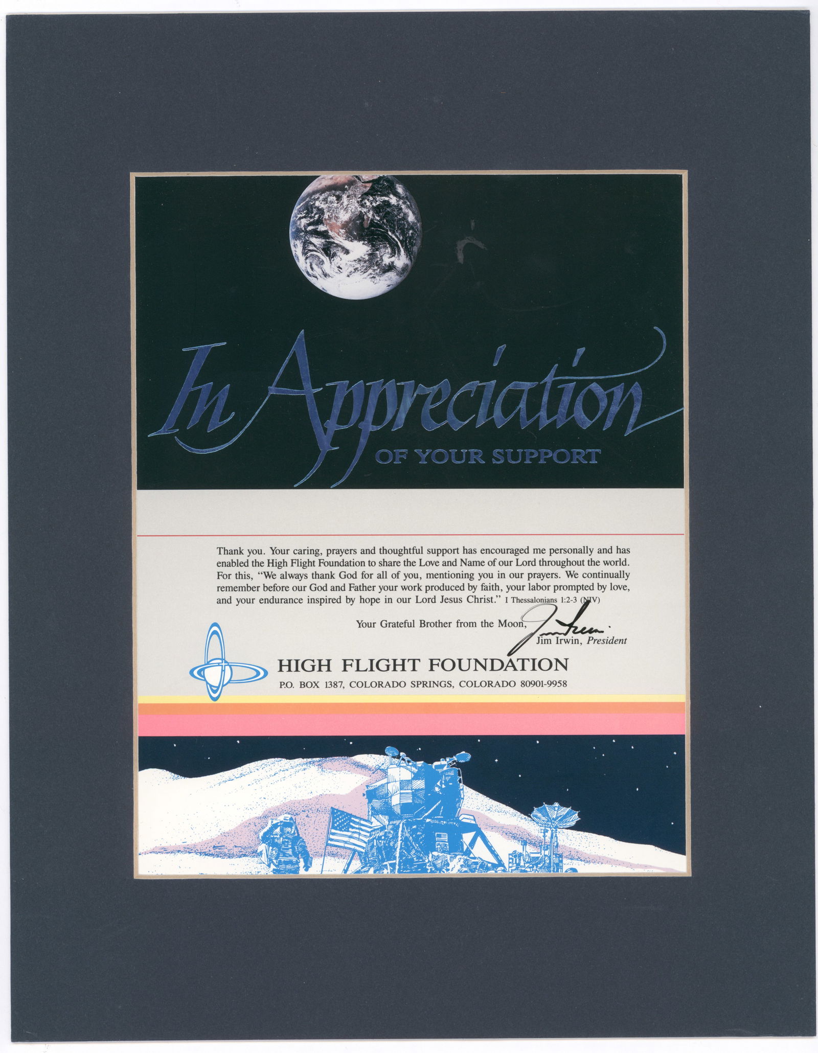 JAMES IRWIN: (1930 - 1991) American astronaut and aeronautical engineer, served as Apollo Lunar Module pilot for Apollo 15. He was the eighth person to walk on the Moon. Very attarctive certificate of