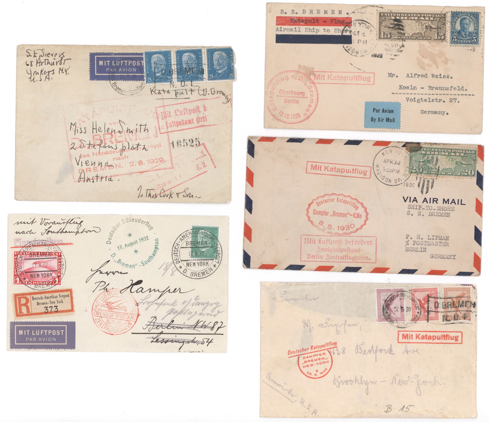 ‘BREMEN', ‘ILE DE FRANCE' AND ‘EUROPA’ OCEAN LINER CATAPULT FLIGHT MAIL (10): A group of 10 pieces of mail delivered by catapult flight from the famed steamships. Includes: cover, Bremen to Southampton, Aug. 17, 1932, addressed to Berlin and forwarded to Danzig. Berlin Central