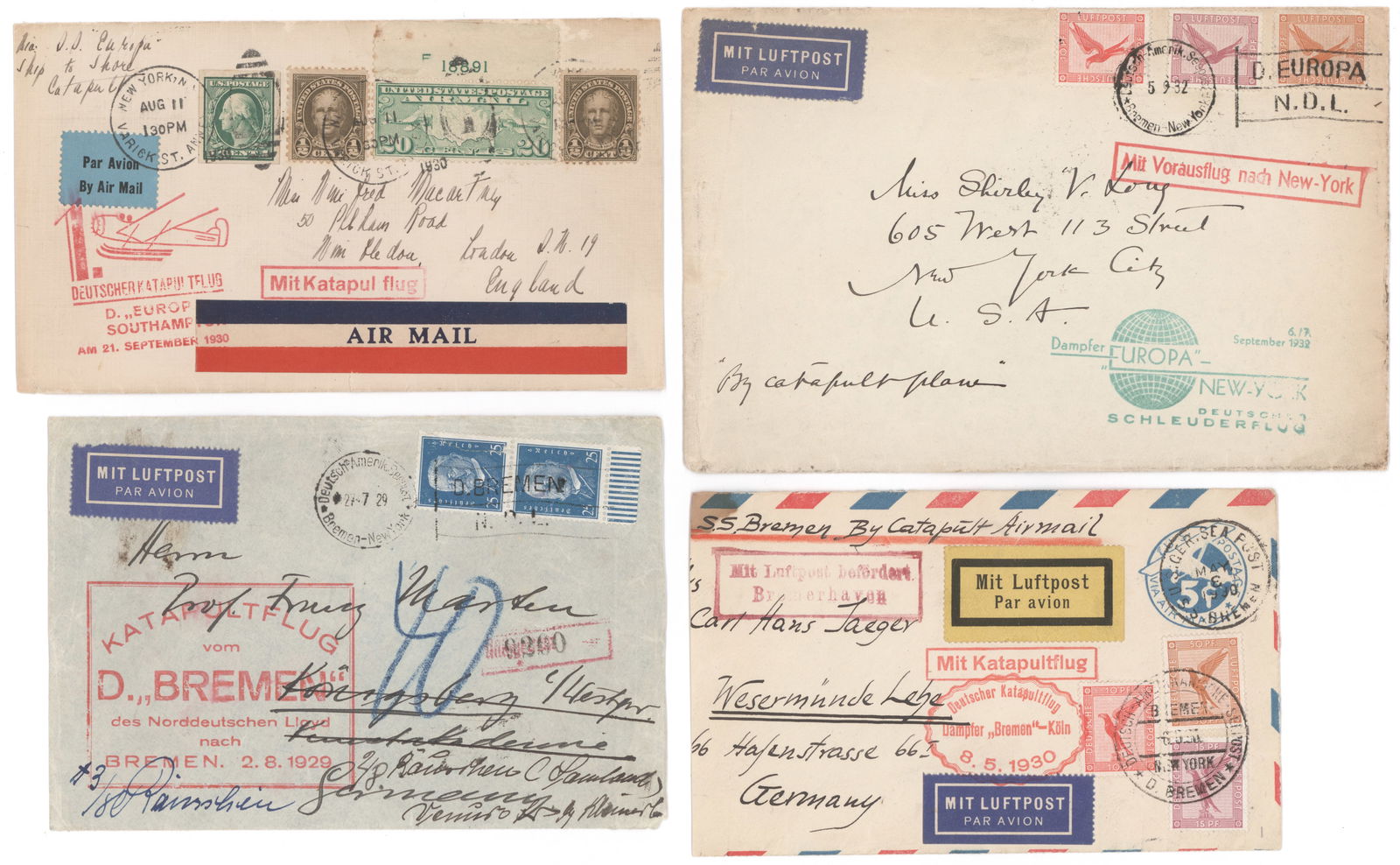 ‘BREMEN’, ‘COLUMBUS’ AND ‘EUROPA’ CATAPULT FLIGHT MAIL (10): A group of 10 pieces of mail delivered by catapult flight from the famed. Includes: postcard, Bremen, to New York, June 23, 1931; cover, Bremen, to Germany July 27, 1929; cover, Bremen, New York to Au