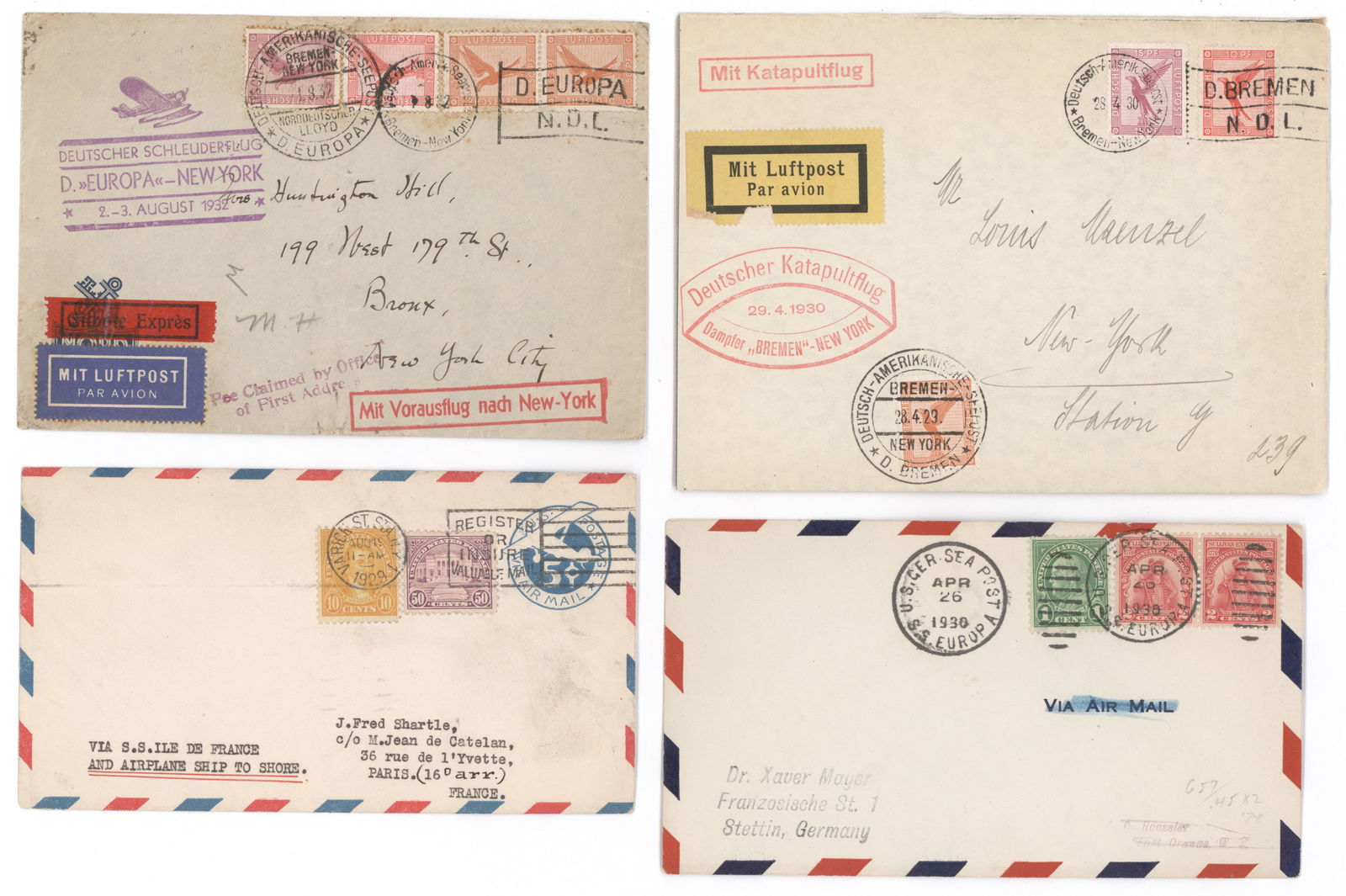 ‘BREMEN’, ‘ILE DE FRANCE’ AND ‘EUROPA’ CATAPULT FLIGHT MAIL (10): A group of 10 pieces of mail delivered by catapult flight from the famed steamships ‘Bremen’, ‘Columbus’ and ‘Europa’. Includes: postcard, Bremen, May 17, 1931;