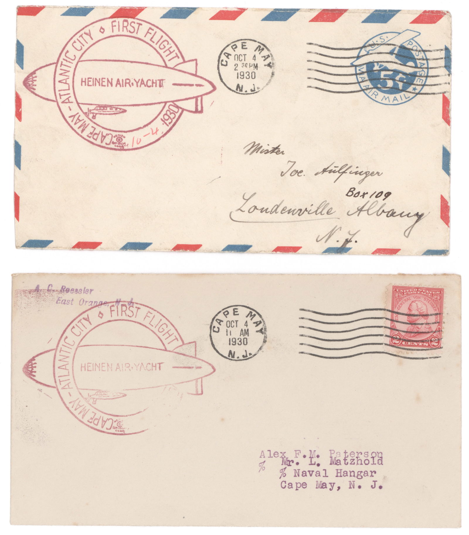 HEINEN AIR YACHT MAIL: Two very rare covers with desirable Cape May postmarks, flown on the ‘family air yacht’ designed by Zeppelin pilot Anton Heinen (1885-1959) in the form of a small-scale airship with a