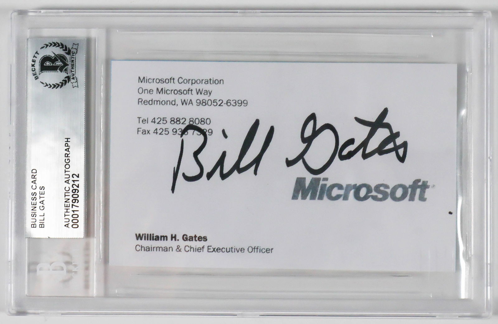 BILL GATES: (b. 1955) Zillionaire founder and largest stockholder of computer software giant, Microsoft. His business card from Microsoft, 3.75 in. x 2.25 in., boldly signed in black felt tip across the face.
