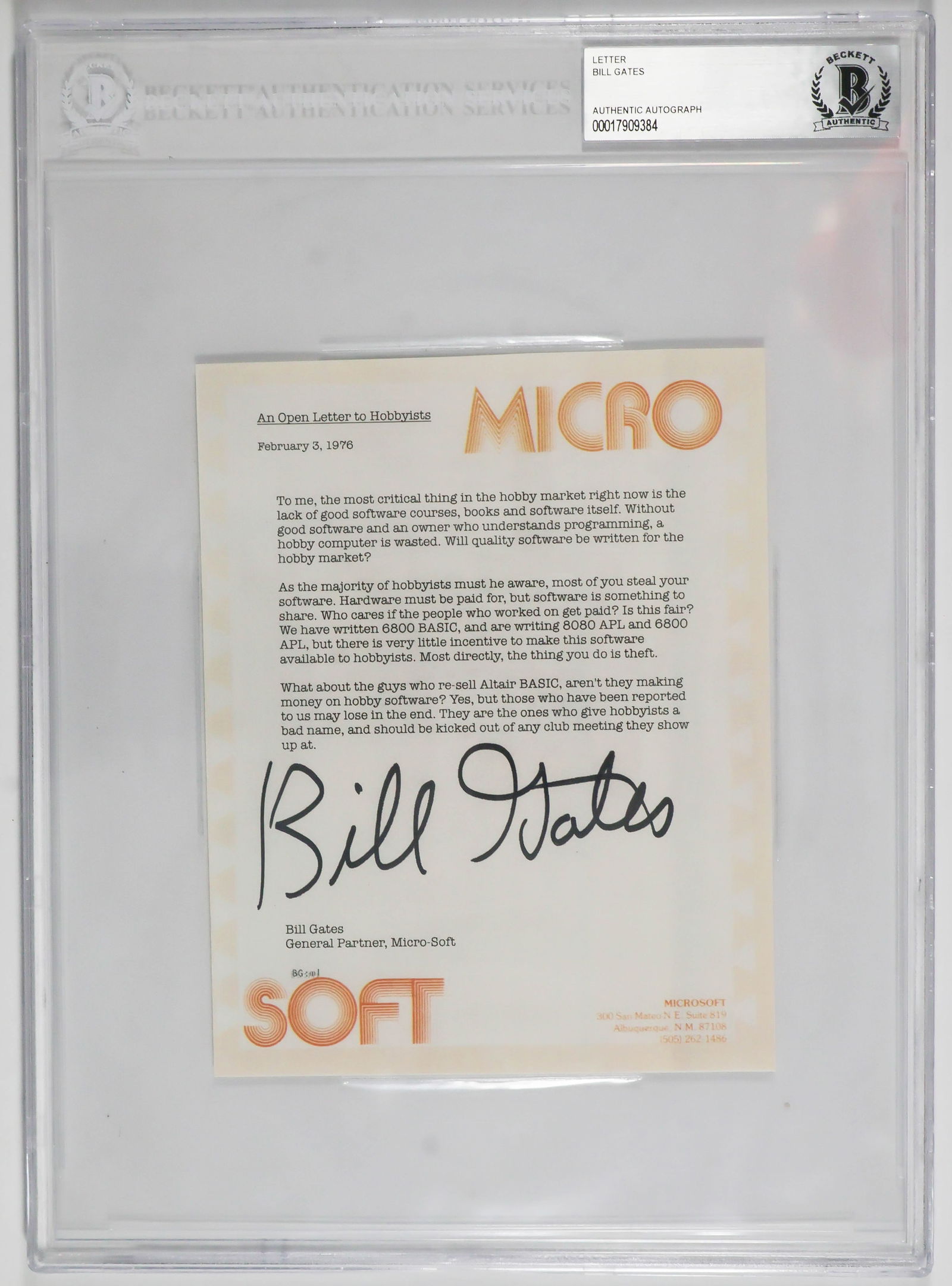 BILL GATES: (b. 1955) Zillionaire founder and largest stockholder of computer software giant, Microsoft. Printed D.S. 1p. 8vo., [n.p.], Feb. 3, 1976. A souvenir copy of ‘An Open Letter to Hobbyists’,