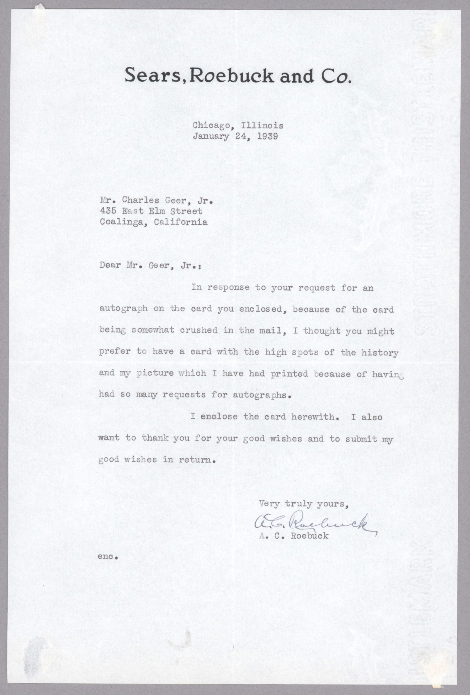 ALVAH C. ROEBUCK: (1864 - 1948) Co-founder of the Sears, Roebuck & Co. mail-order and retail chain, one of the most successful businesses in the history of American enterprise. Rare, good content T.L.S. on Sears,