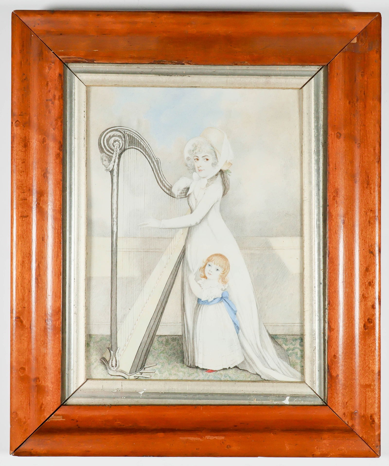 BRITISH MINIATURIST PAINTING CA. 1775: Fine British miniaturist painting on a white natural substance, 5.5 x 7.5 in., depicts a lady and child full length, the lady dressed in white and with a bonnet, one arm draped atop a harp, the other