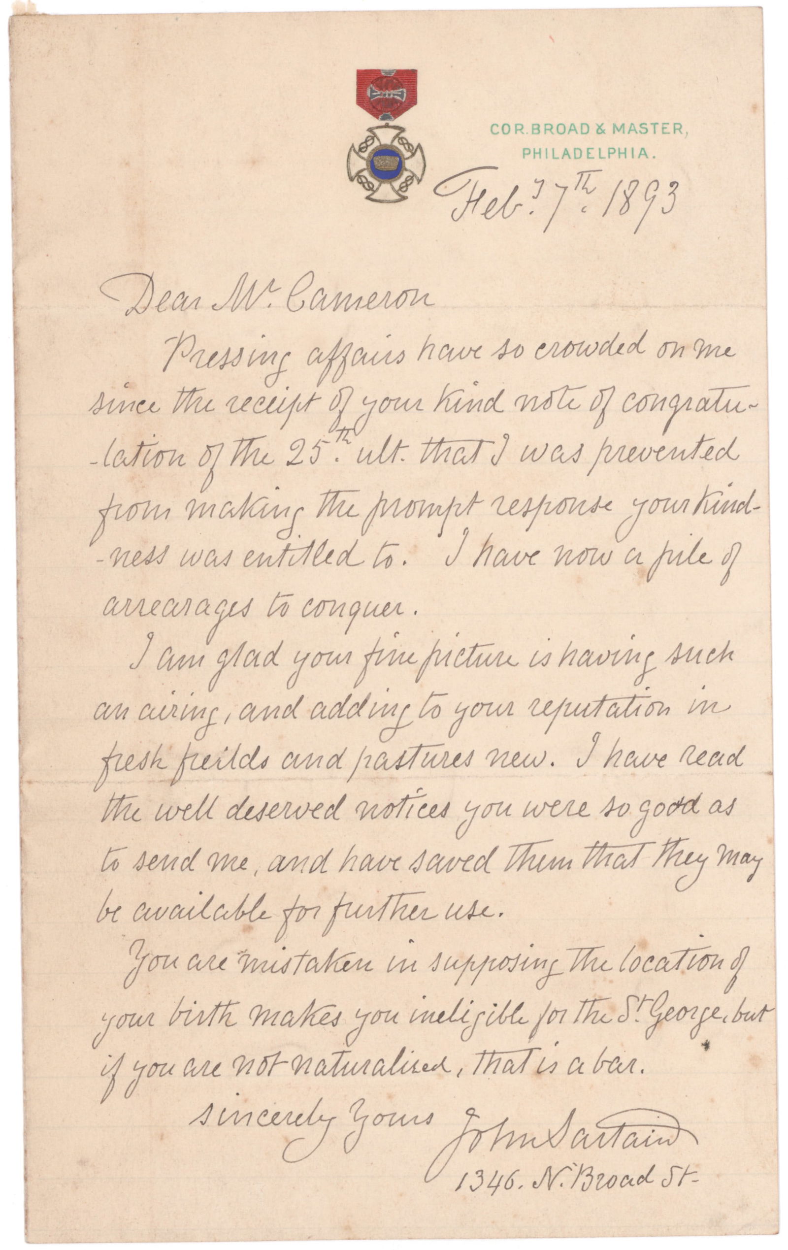JOHN SARTAIN: (1808 – 1897) English-born American artist who pioneered mezzotint engraving. Sartain was also a publisher, and was elected to the American Philosophical Society in 1897. He lies in a mass
