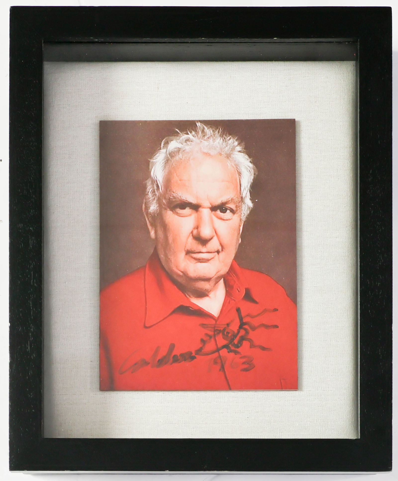 ALEXANDER CALDER: (1898 - 1976) American sculptor most remembered for his invention of the mobile and stabile. Great S.P., 5 x 7 in. color, a chest, up portrait signed in black marker 'Calder 1963' at bottom and