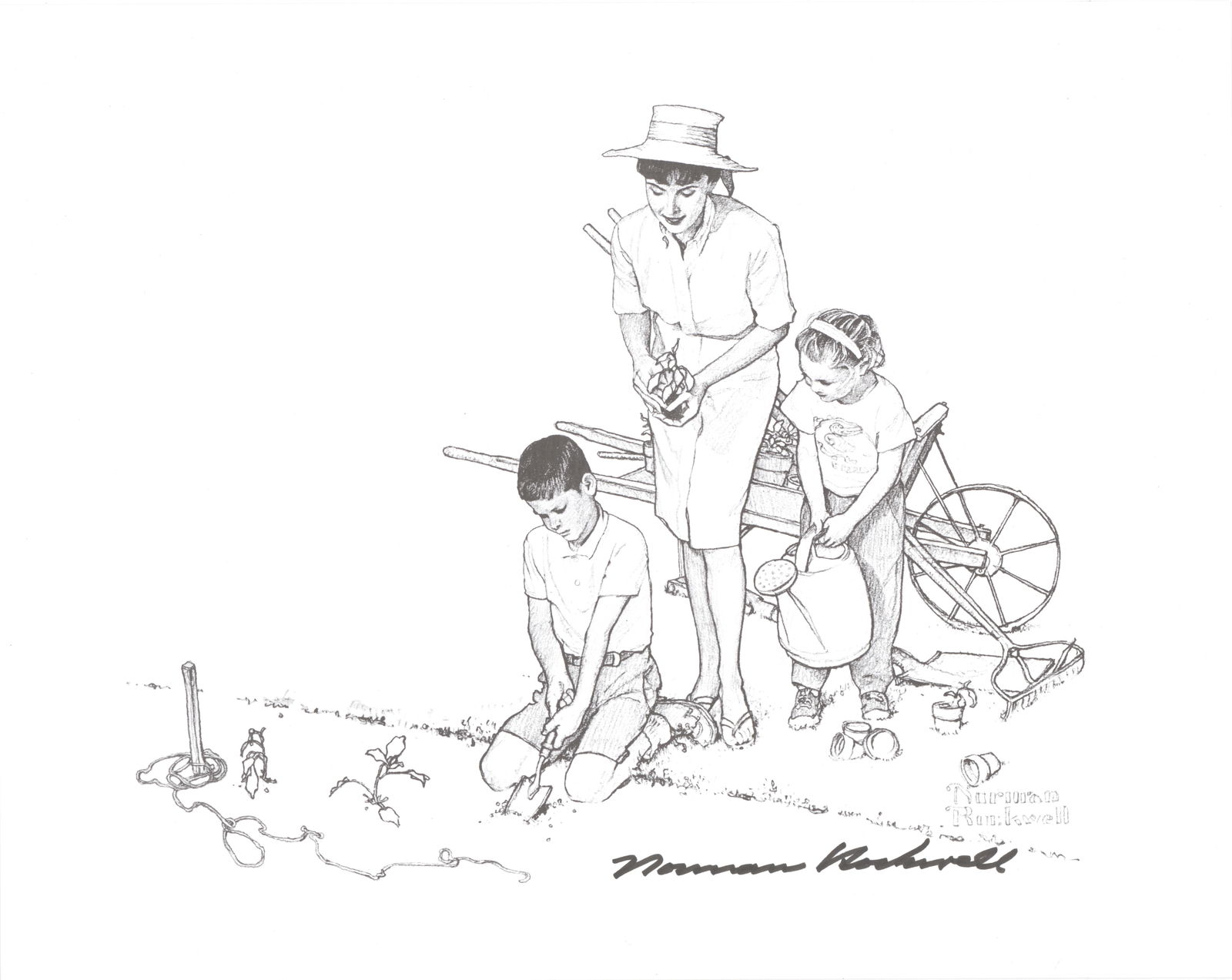 NORMAN ROCKWELL: (1894 - 1978) American painter and illustrator known for his homey, American genre paintings. A signed print showing a mother gardening with her children, boldly signed at bottom in black felt tip.