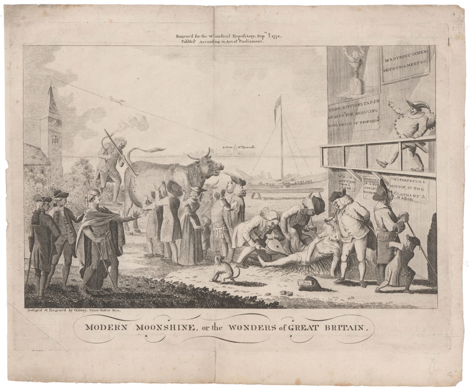 BRITISH SATIRICAL ENGRAVING: 'MOONSHINE’: A humorous eighteenth-century satirical engraving printed by Garnet Terry, London, Sept. 1774 and titled ‘Moonshine, or the Wonders of Great Britain’. 1p. 11 in. x 9 in., depicting the