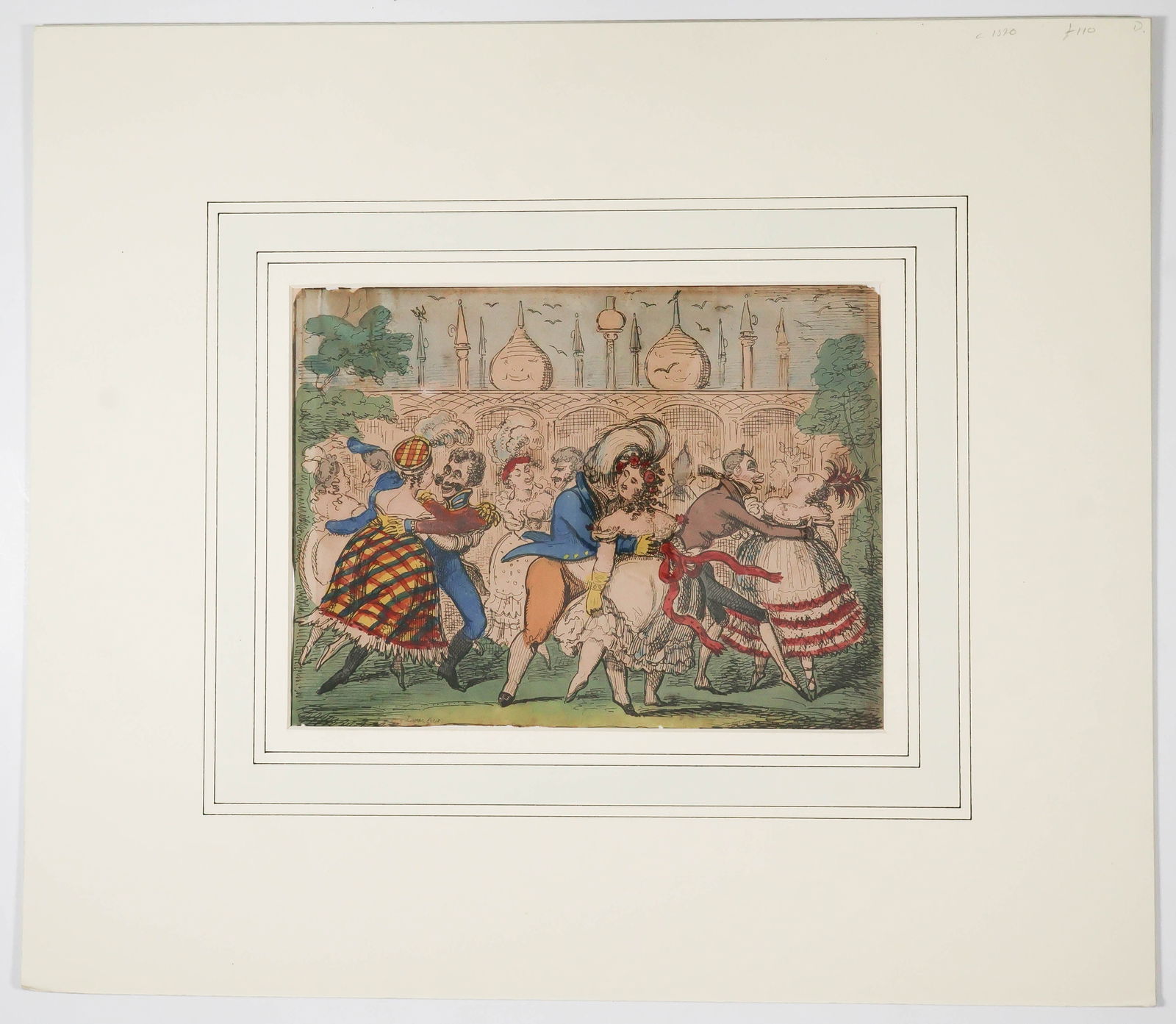 BRITISH SATIRICAL ENGRAVING MOCKING CONTEMPORARY FASHION: A hand-tinted engraving, possibly by George Cruikshank and ca. early 1800s. 1p. 9 in. x 6.5 in. [n.p., n.d.]. This satire depicts zaftig women dancing in a garden and in the arms of flamboyantly