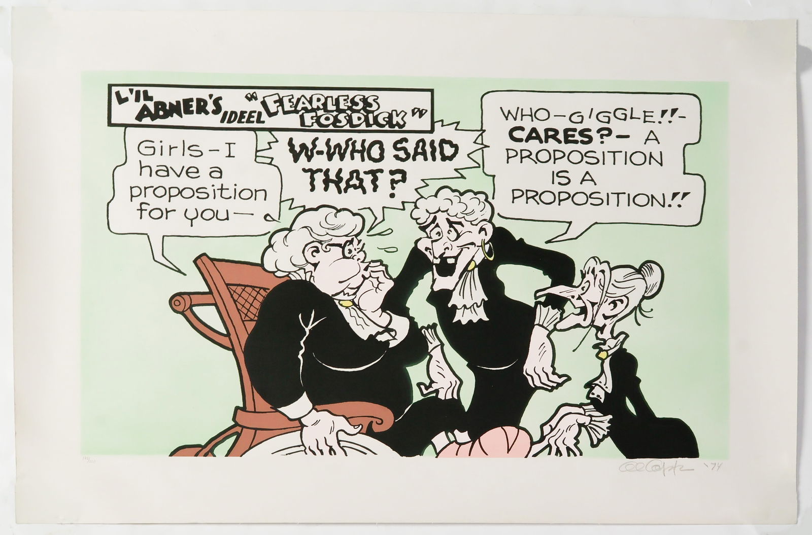 AL CAPP: (1909 - 1979) American cartoonist, creator of Lil Abner. A large lithographed ‘Lil Abner’ comic image on linen-backed paper, 36 x 24 in., a 'Fearless Fosdick' reference showing three old